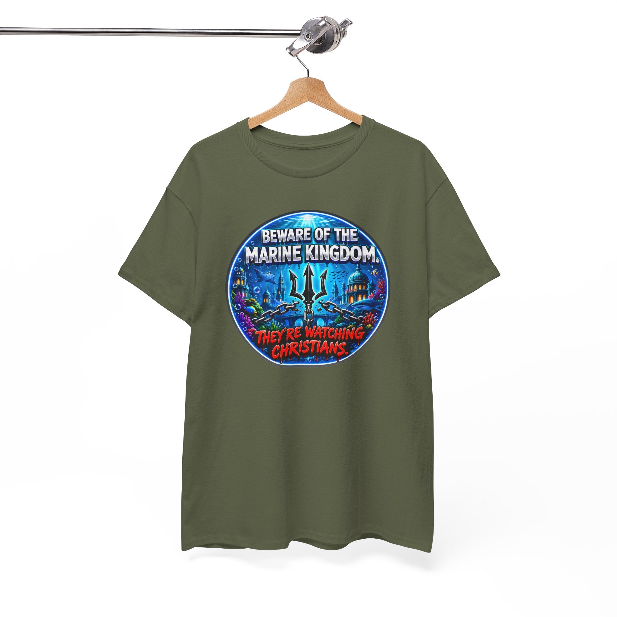 T‑Shirt — "Beware of the Marine Kingdom: They're Watching Christians" Vintage Ocean Graphic