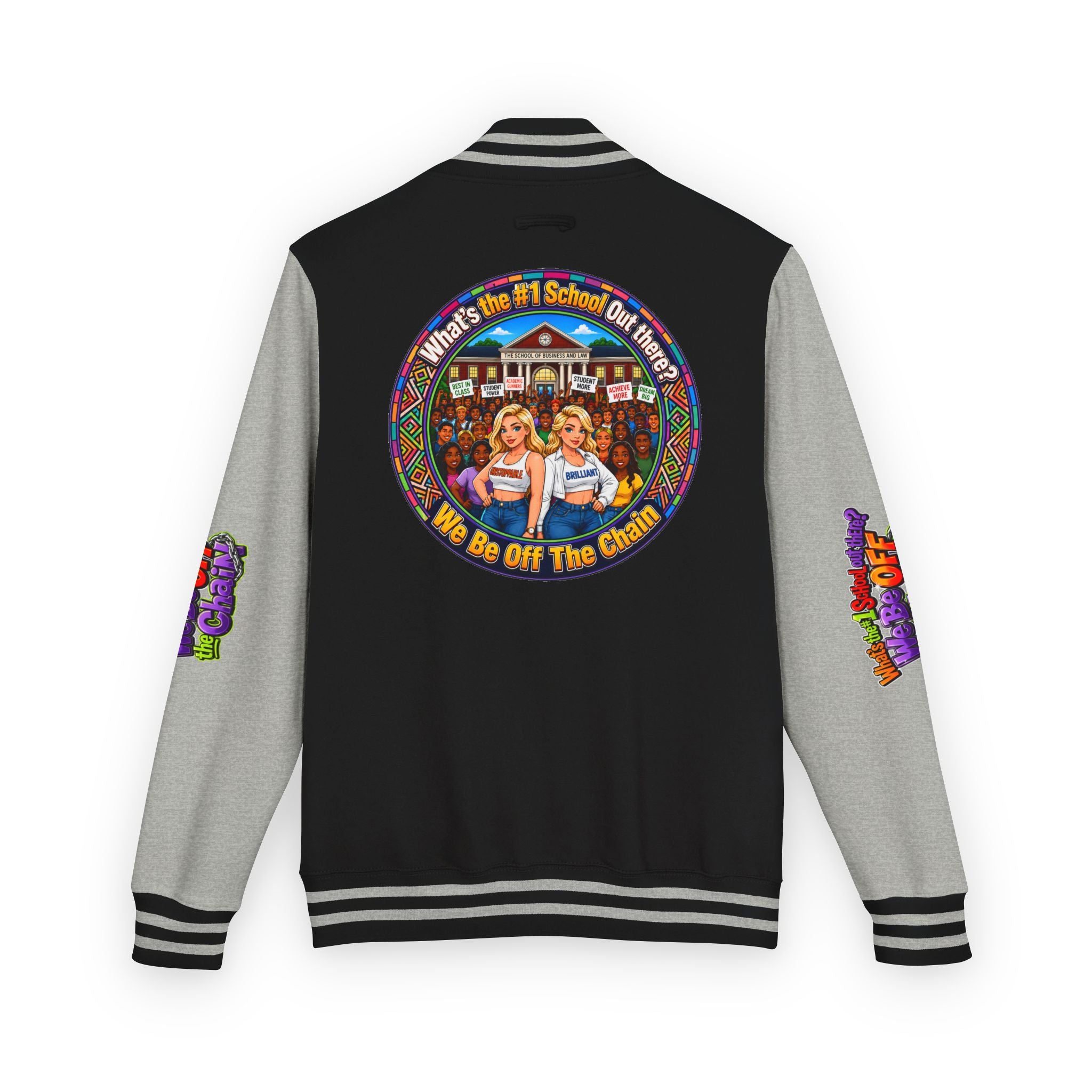 Letterman Jacket — Colorful School Spirit "We Be Off The Chain" Varsity Jacket