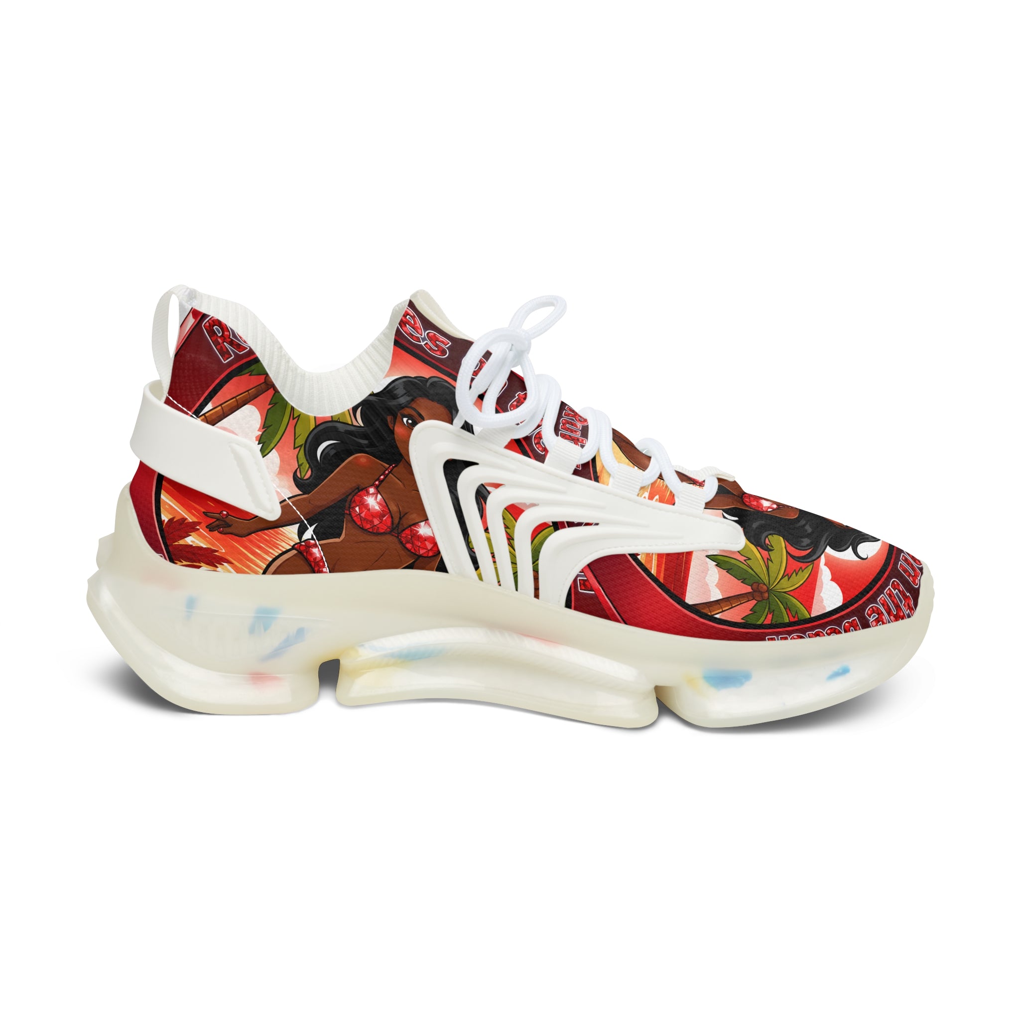 Women’s Mesh Sneakers —"Red Rubies On The Beach" Tropical Pinup Graphic Athletic Shoes