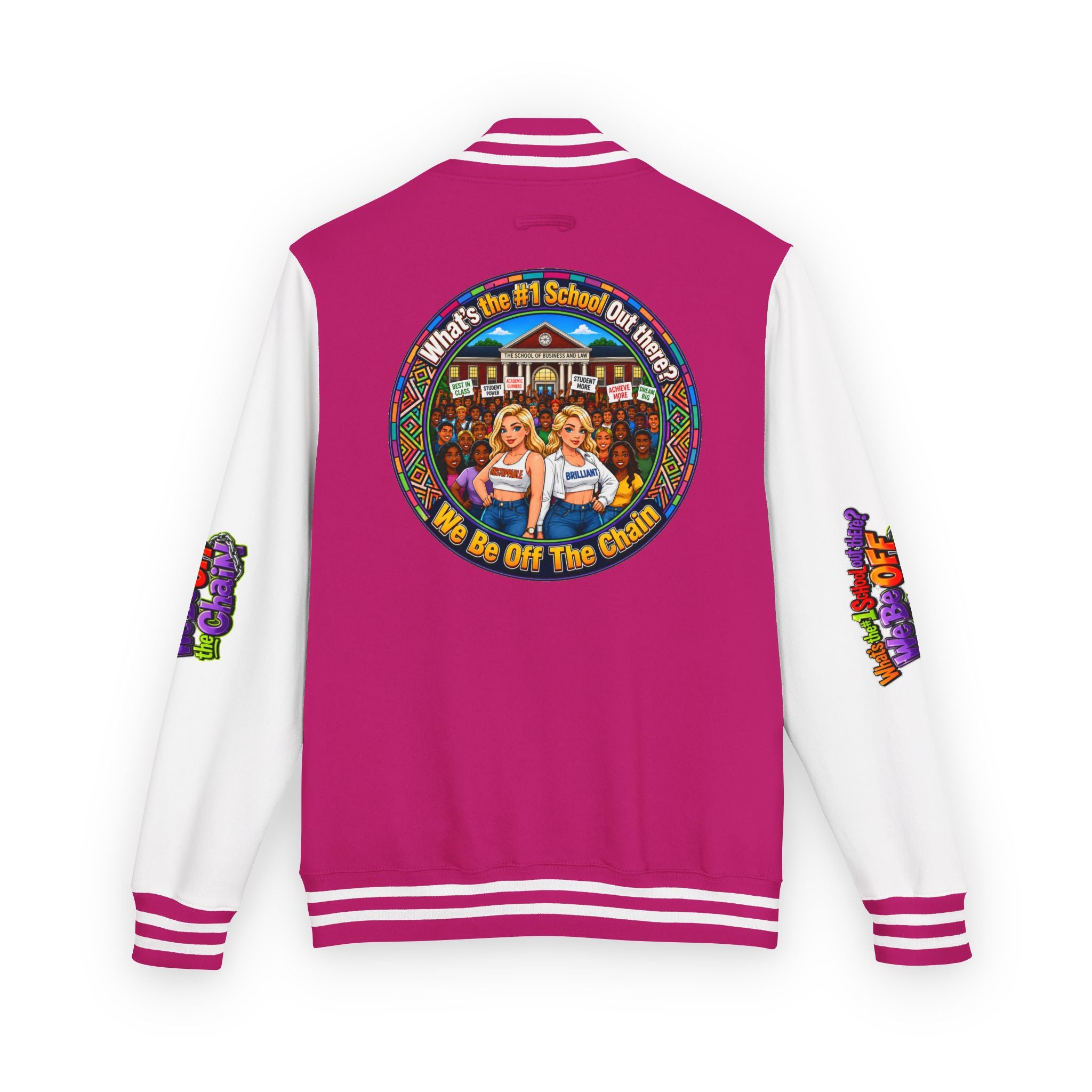 Letterman Jacket — Colorful School Spirit "We Be Off The Chain" Varsity Jacket
