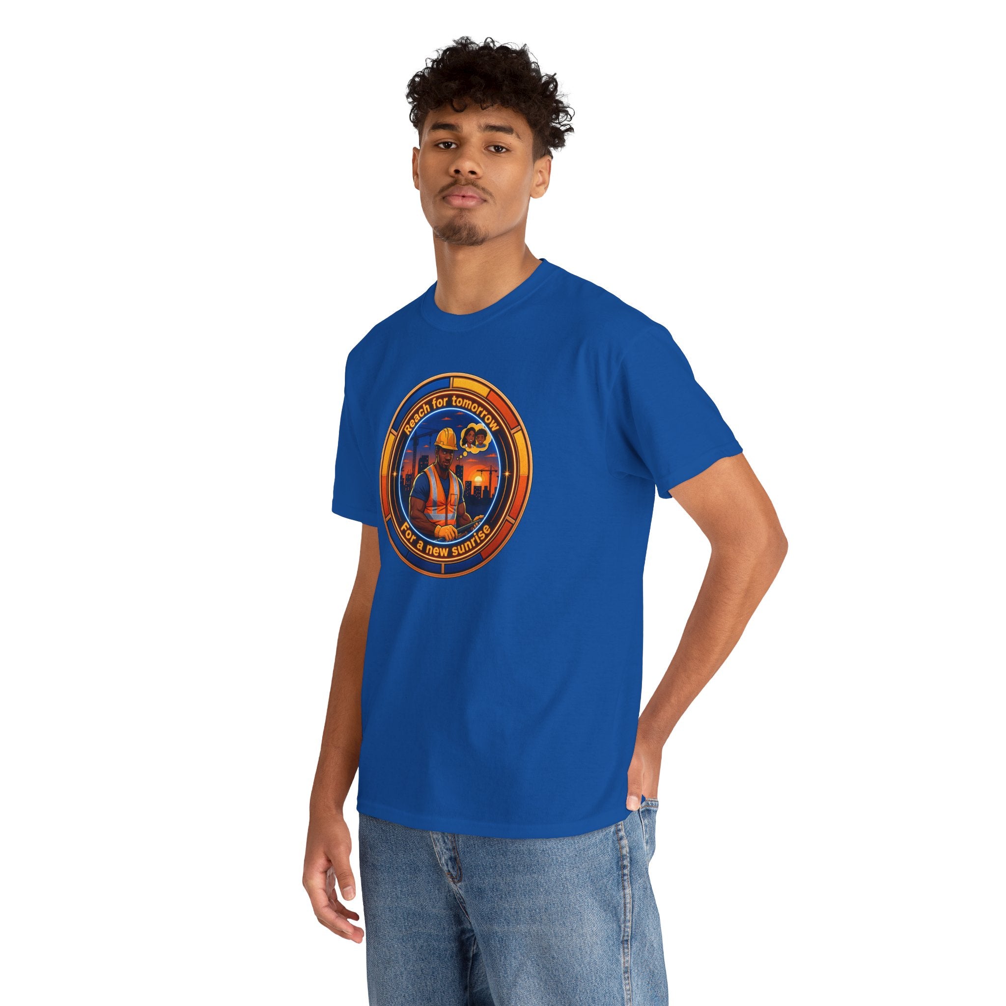 Construction Worker Sunset Tee — “Reach for Tomorrow ” Safety Crew T-Shirt