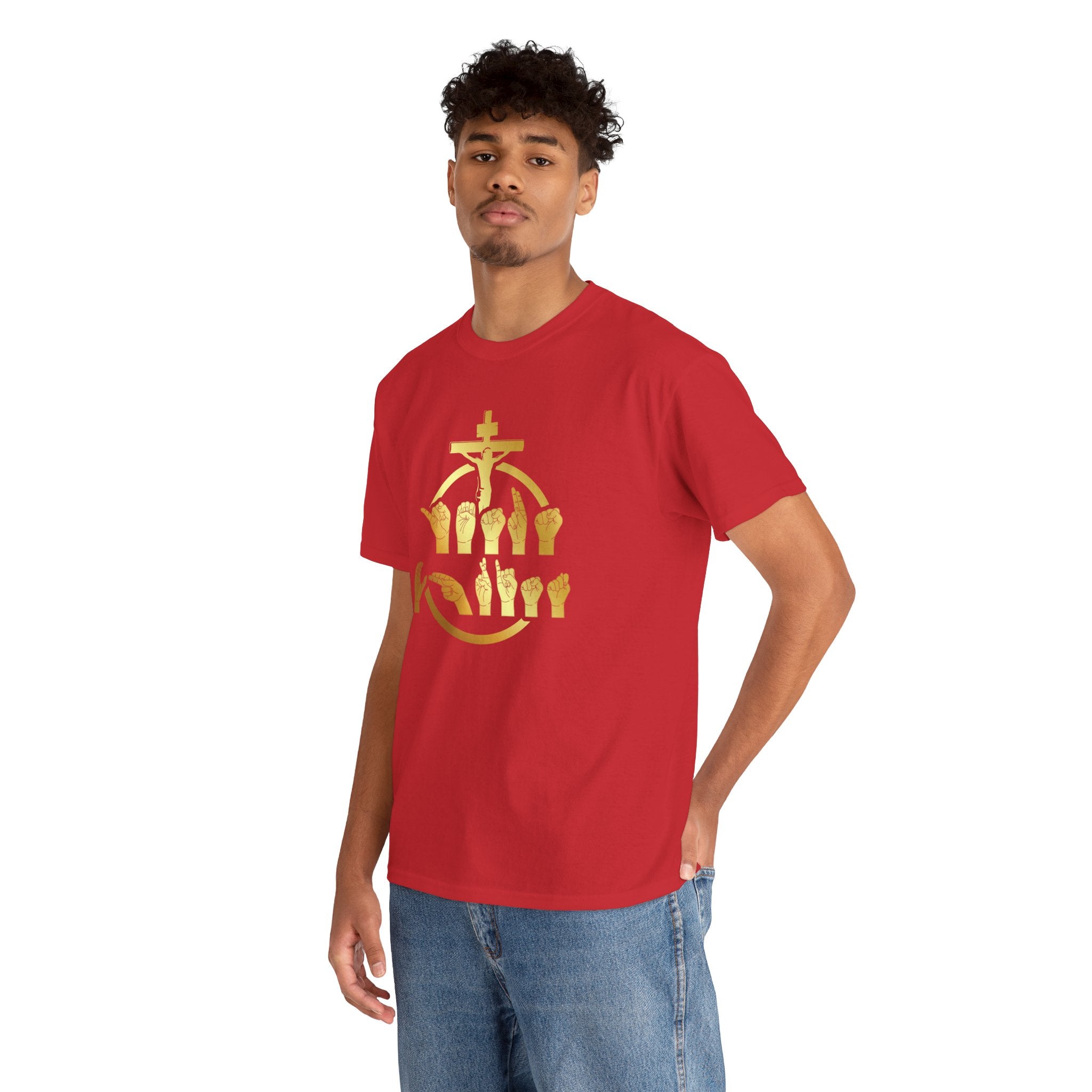 Christian Cross & Praying Hands T-Shirt — Gold Faith Design