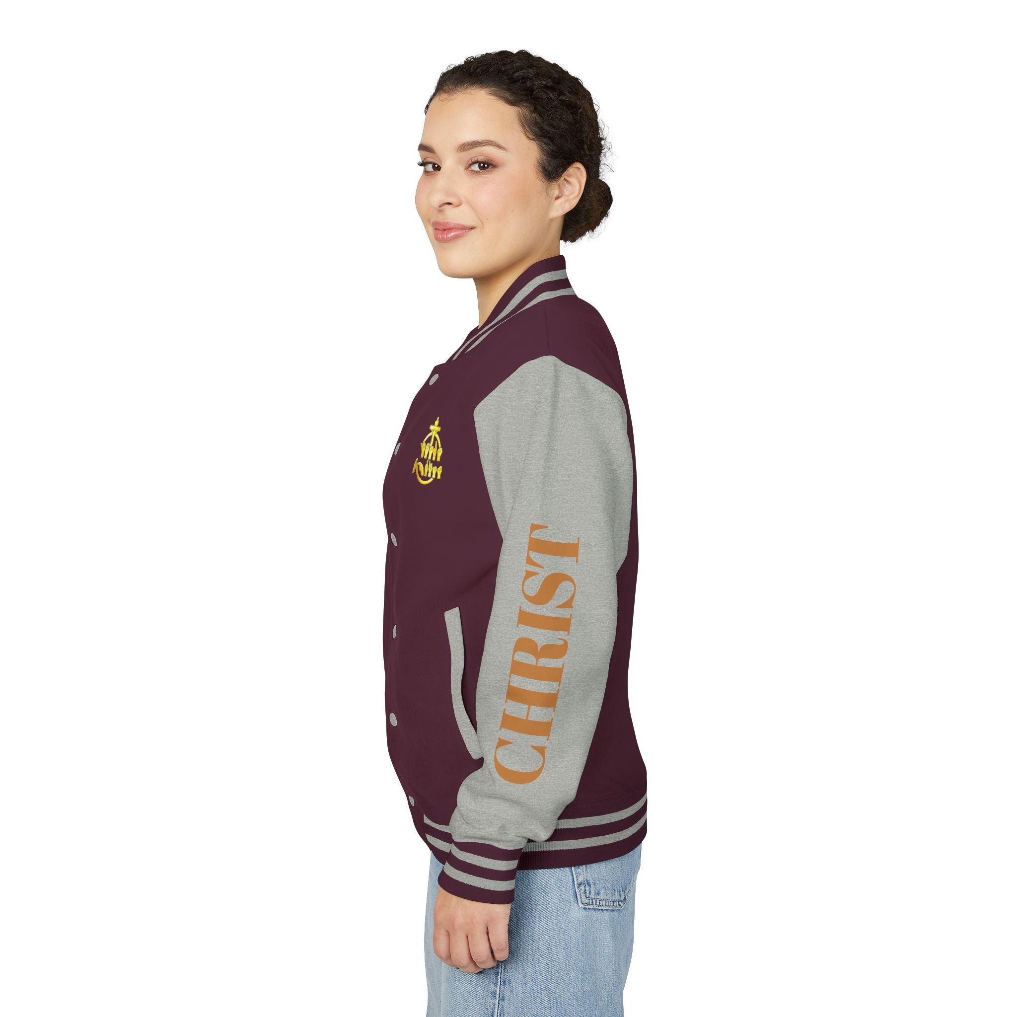 "Sign language Jesus Christ "     Christian Crown Letterman Jacket - 'Jesus Christ' Sleeve Varsity Jacket