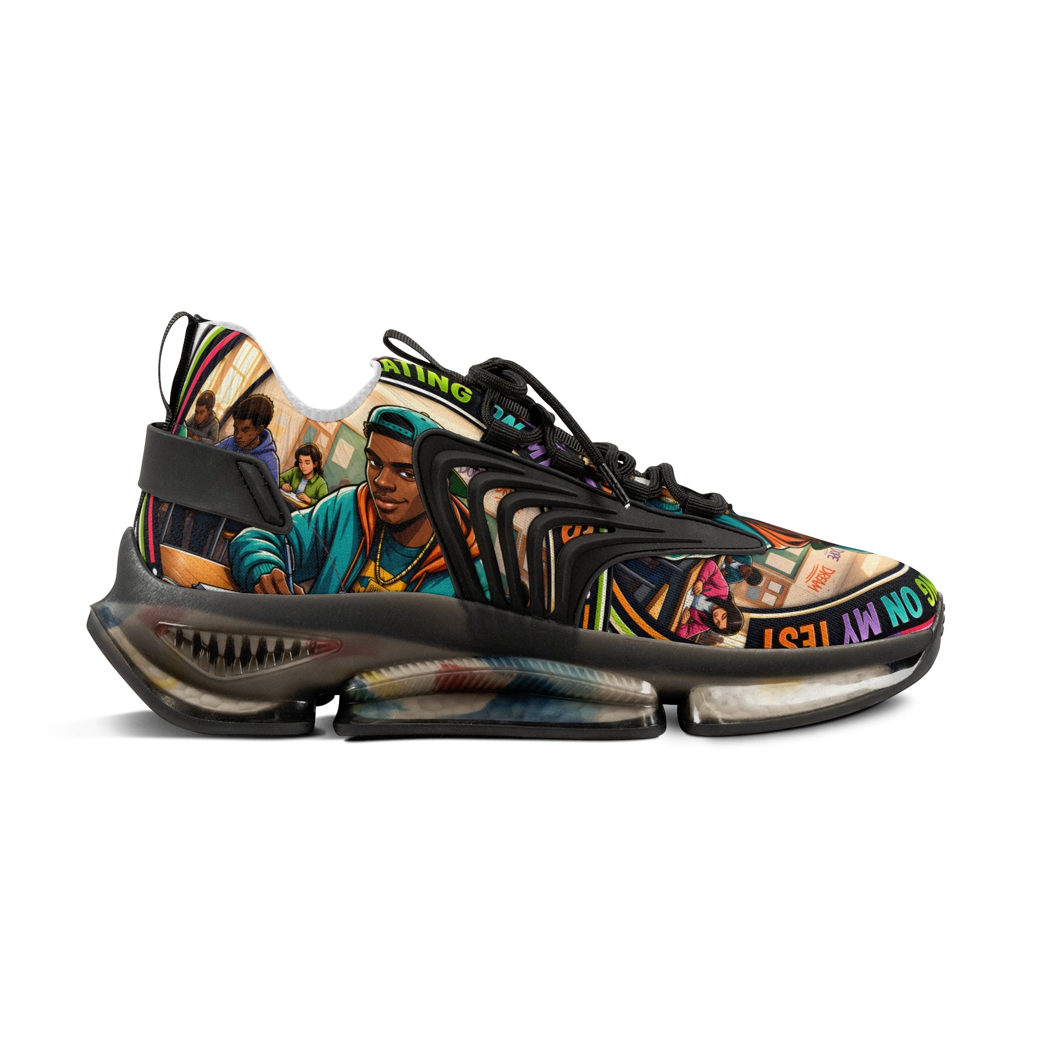 Men's Mesh Sneakers — Colorful Urban Art Graphic Trainers with 'Im Cheating On My Test' Design