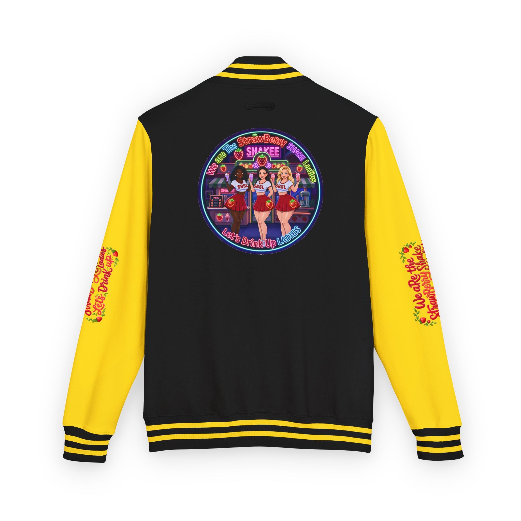 Letterman Jacket —" We Are The Strawberry Shake Ladies " Retro Shakee Cheer Graphic