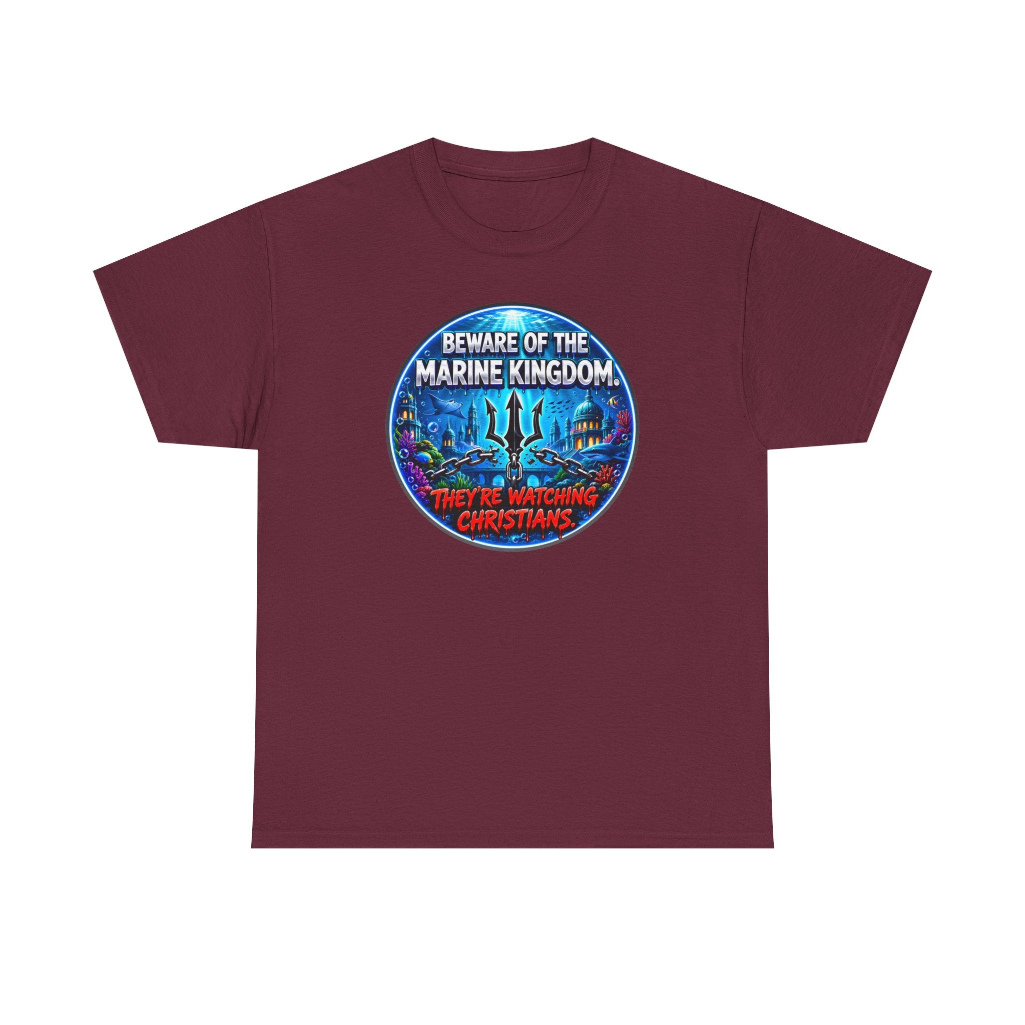T‑Shirt — "Beware of the Marine Kingdom: They're Watching Christians" Vintage Ocean Graphic