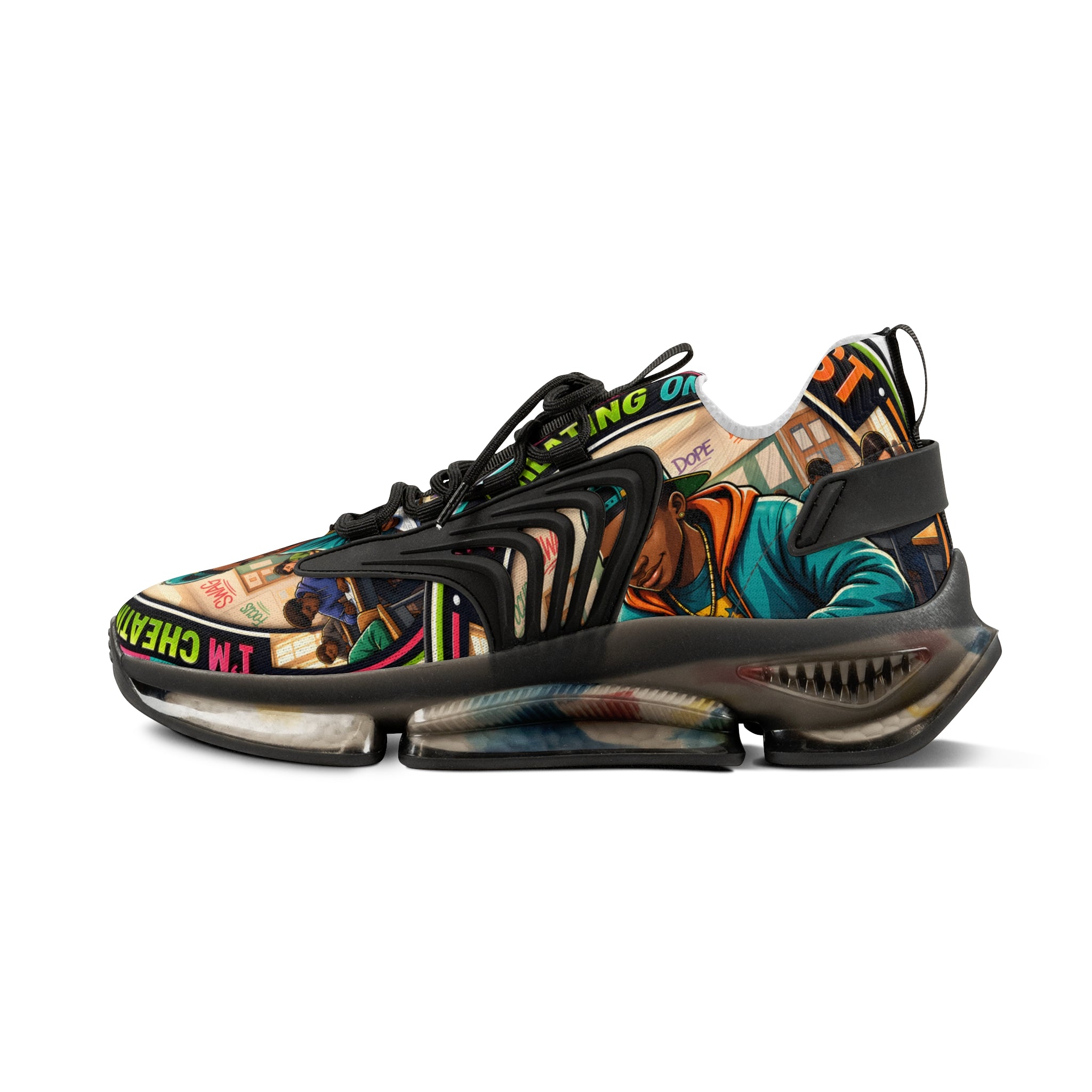 Men's Mesh Sneakers — Colorful Urban Art Graphic Trainers with 'Im Cheating On My Test' Design