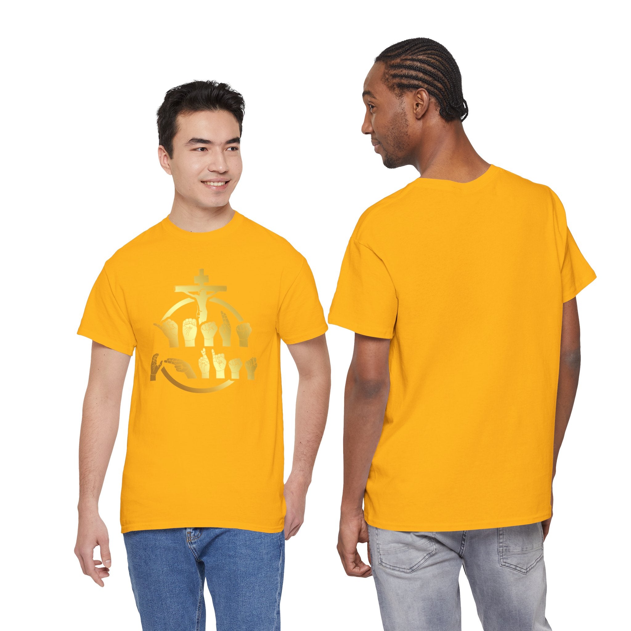 Christian Cross & Praying Hands T-Shirt — Gold Faith Design