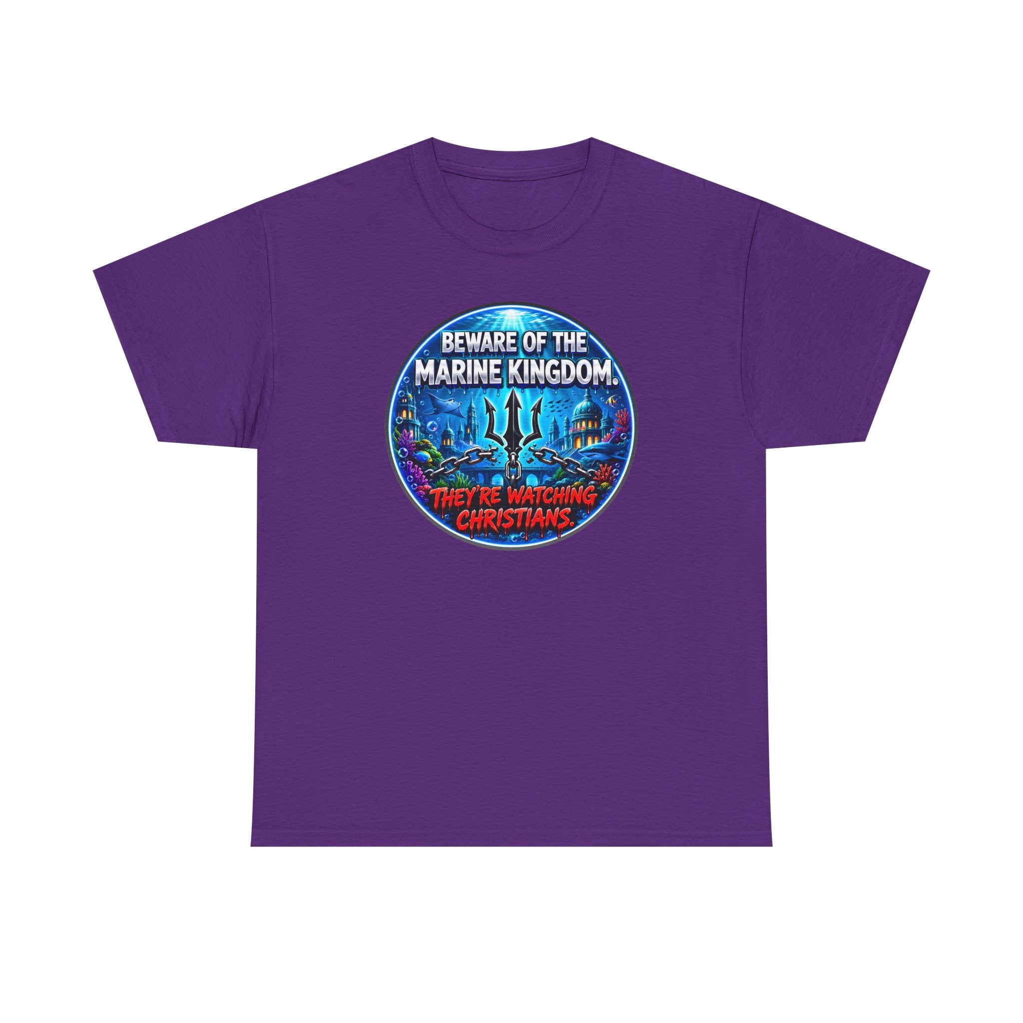 T‑Shirt — "Beware of the Marine Kingdom: They're Watching Christians" Vintage Ocean Graphic