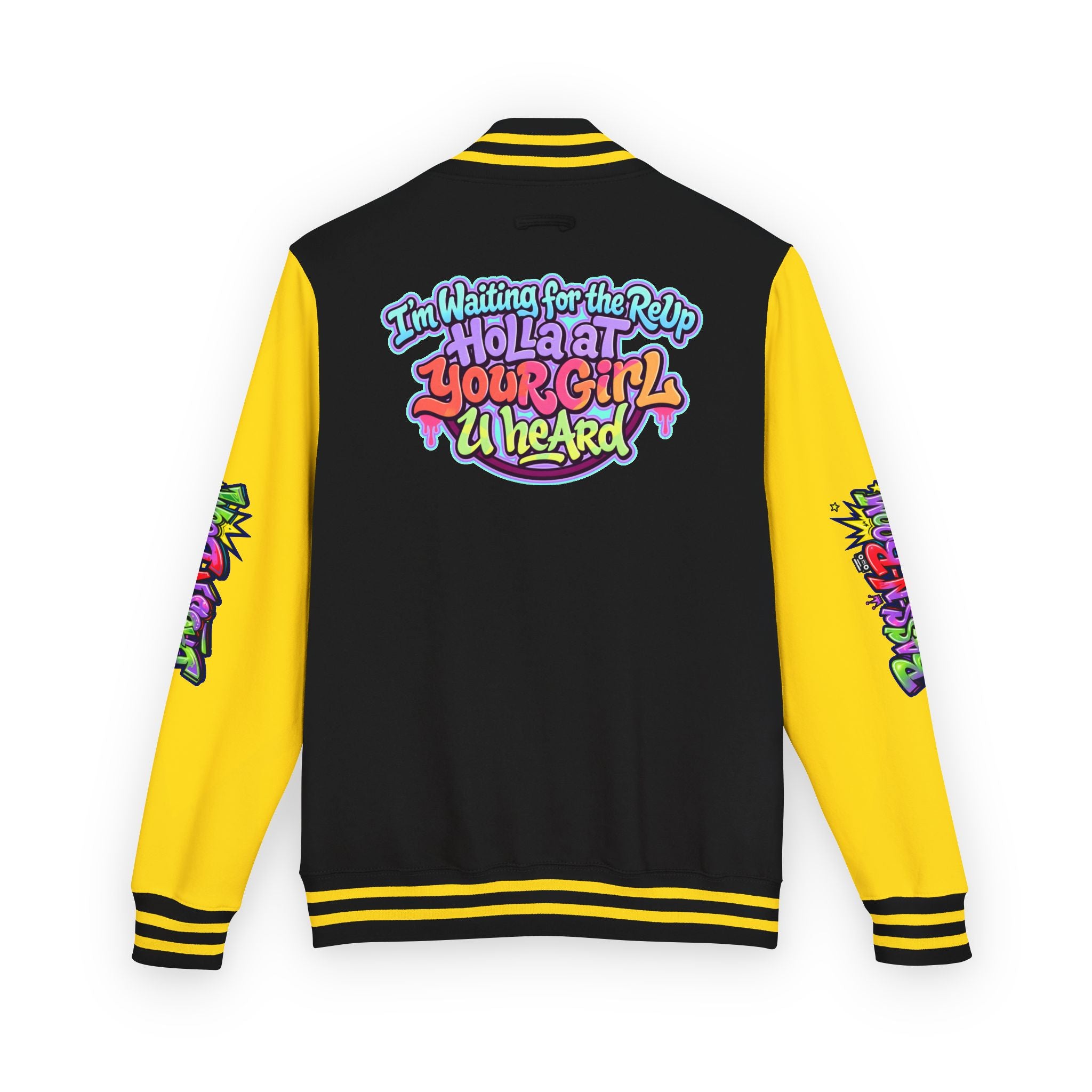 Letterman Jacket — "I'm Waiting For The Reup" Colorful Retro Hip‑Hop Varsity