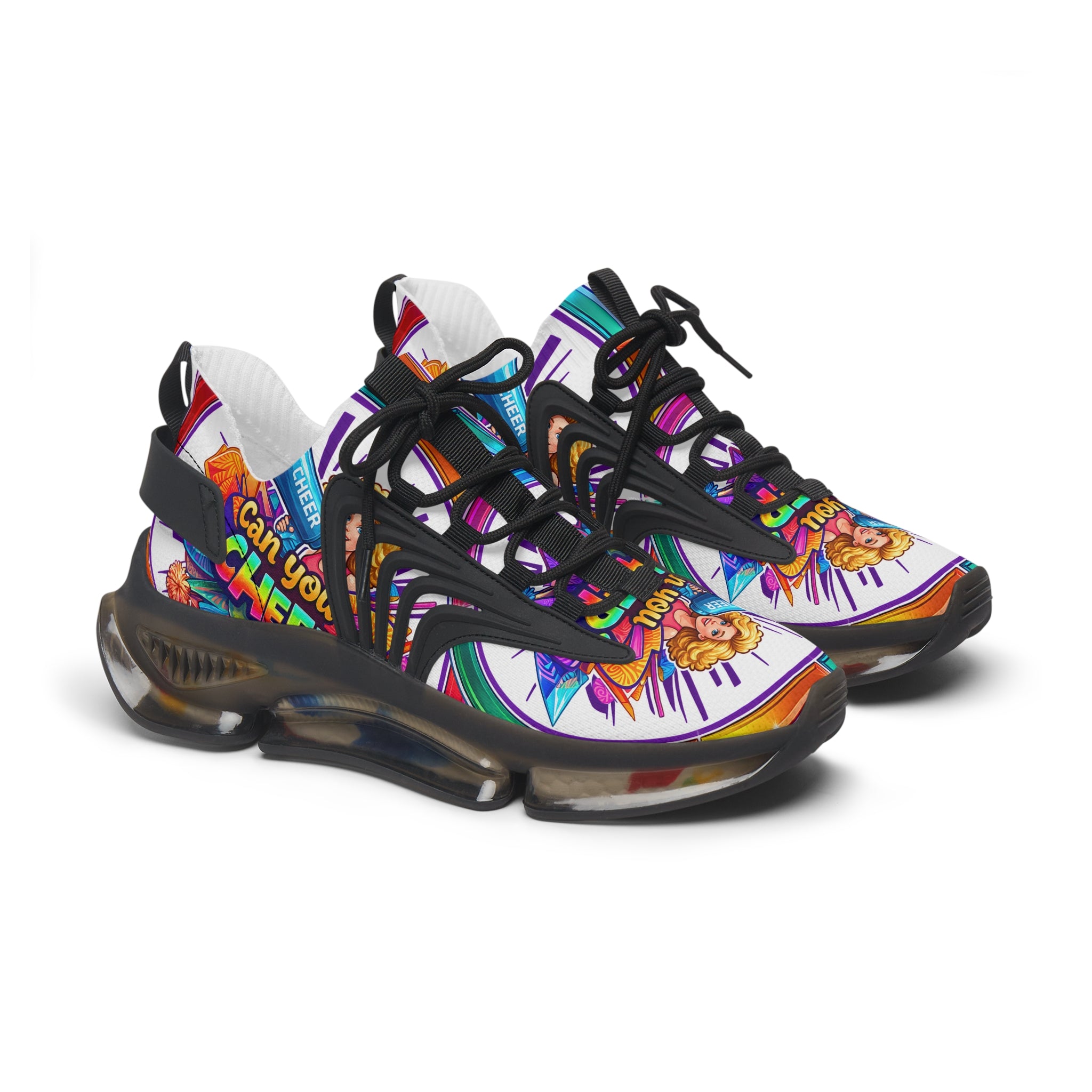 Colorful Cheerleader Mesh Sneakers — "Can You Cheer?" Graphic Women's Athletic Shoes