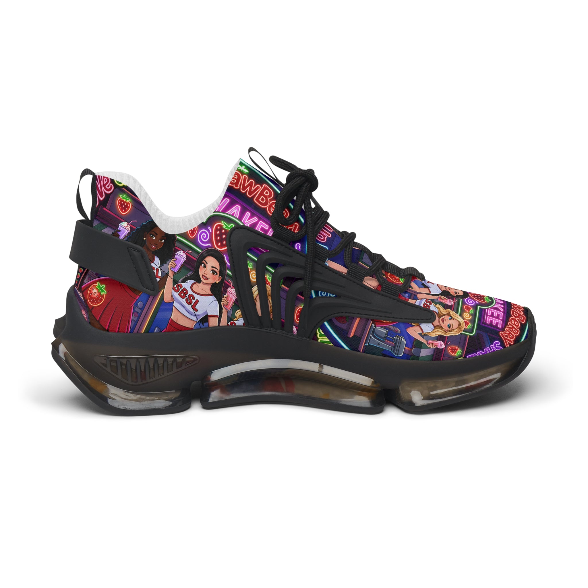 Women’s Mesh Sneakers  " Strawberry Shake "— Colorful Retro Dance Crew Graphic