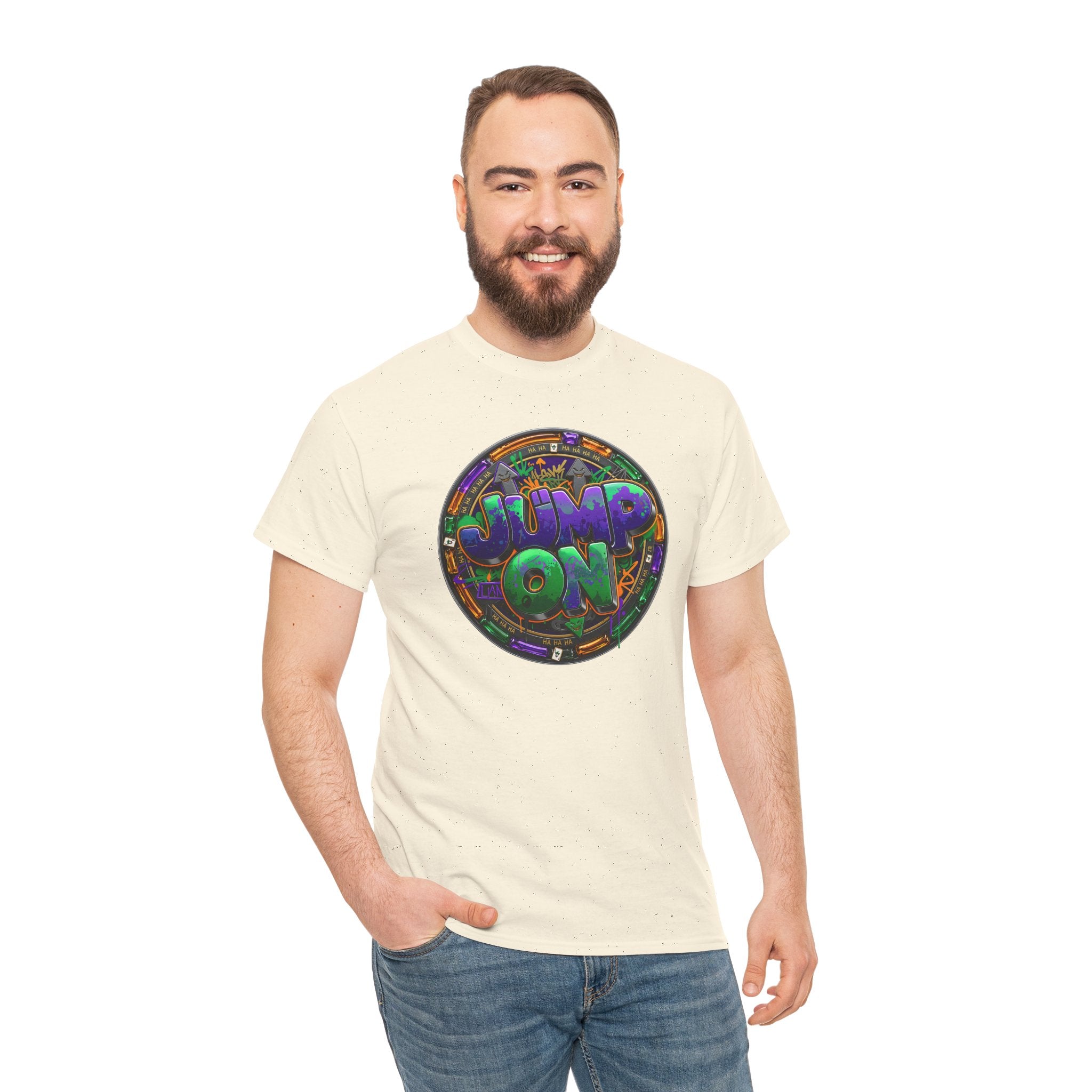 " Jump On" Circle Graphic Tee — Retro Neon Streetwear T-Shirt