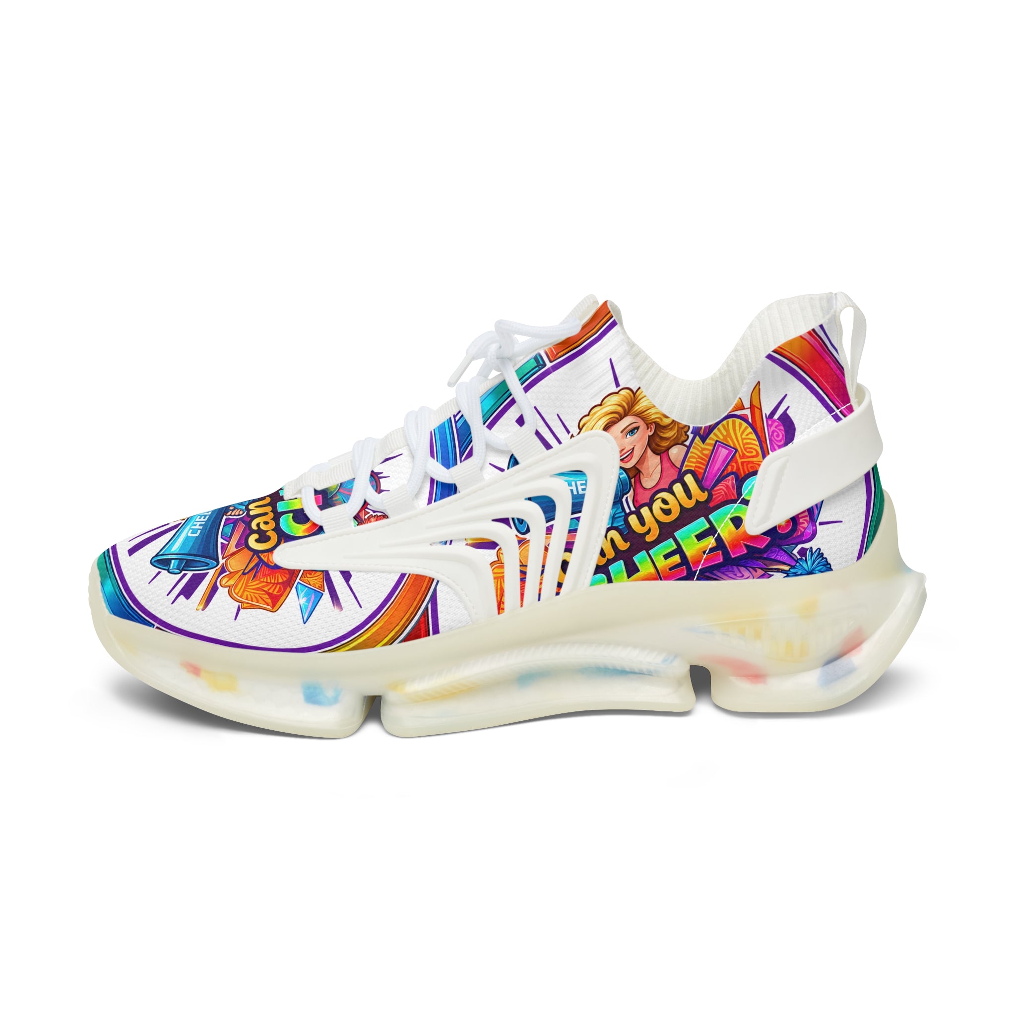 Colorful Cheerleader Mesh Sneakers — "Can You Cheer?" Graphic Women's Athletic Shoes