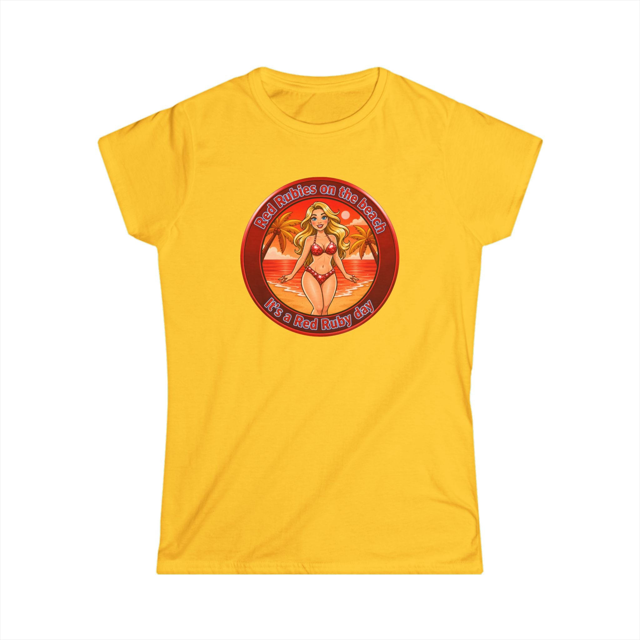 Beach Babe Graphic Tee — "Red Rubies On The Beach" Retro Bikini Design