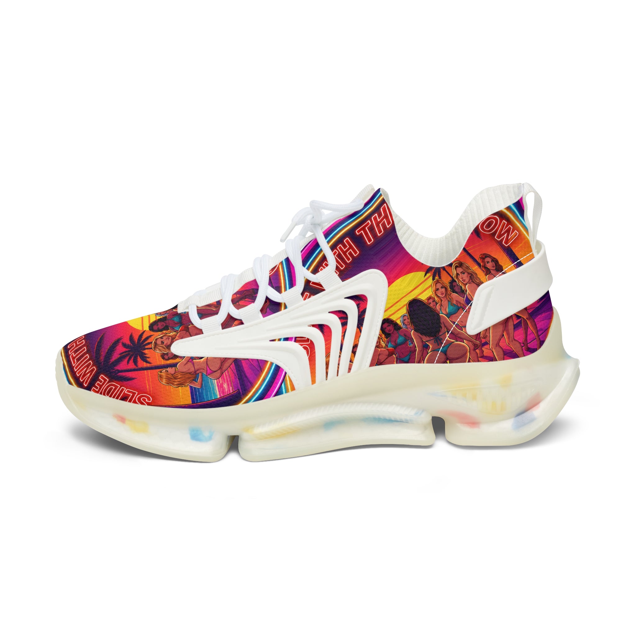 Women's Mesh Sneakers —"Slide With The Beat Now "Vibrant Retro Sunset Graphic Trainers
