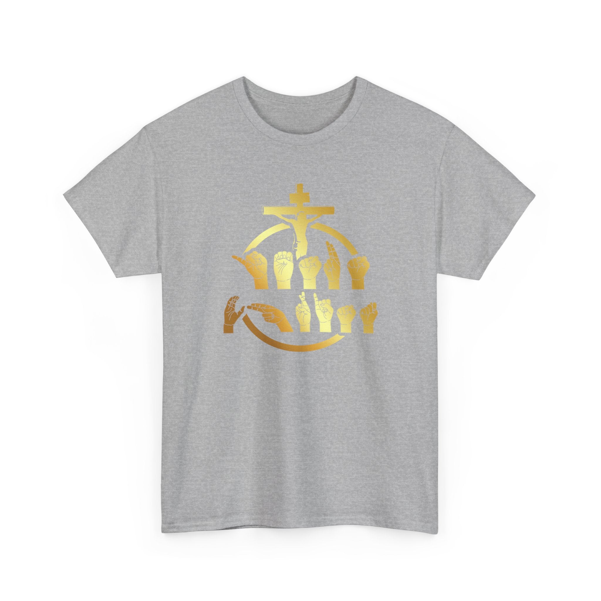 Christian Cross & Praying Hands T-Shirt — Gold Faith Design