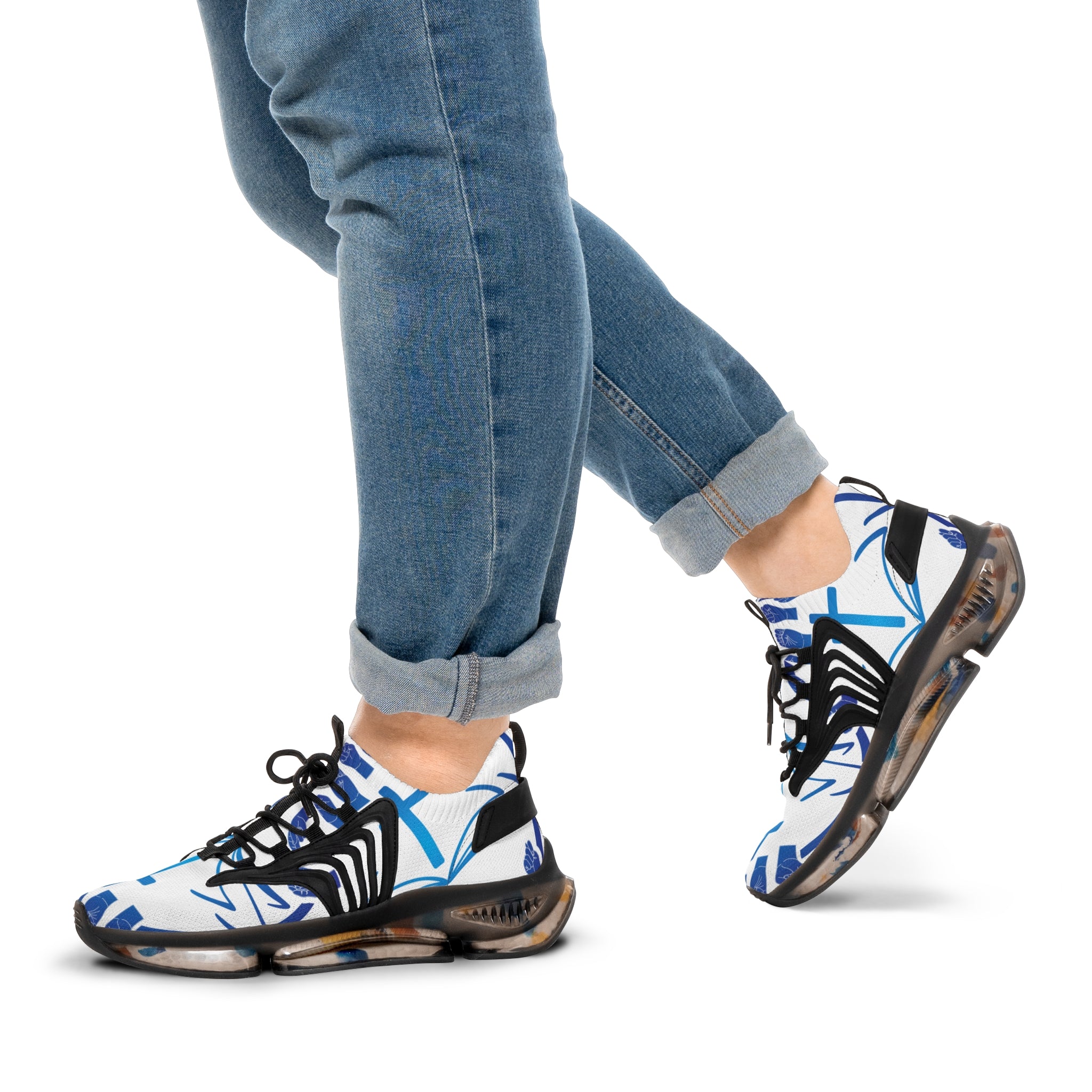 Men's White Athletic Sneakers with Blue Cross Graphic —"Sign Language Jesus Christ "Lightweight Mesh Running Shoes