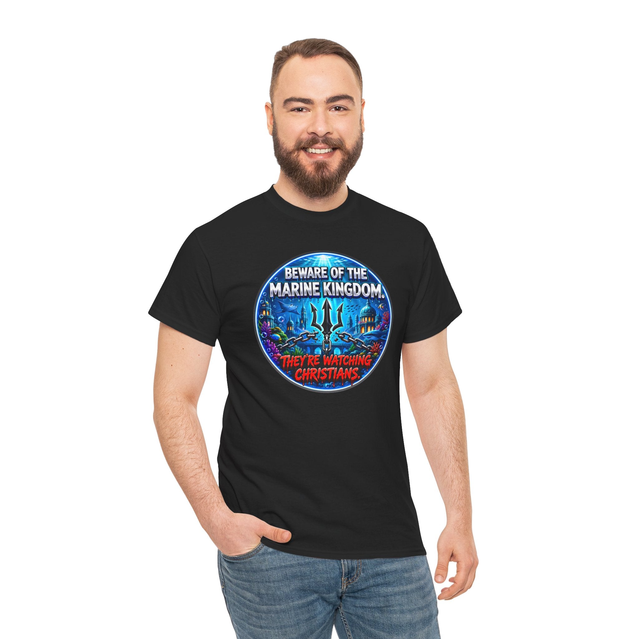 T‑Shirt — "Beware of the Marine Kingdom: They're Watching Christians" Vintage Ocean Graphic