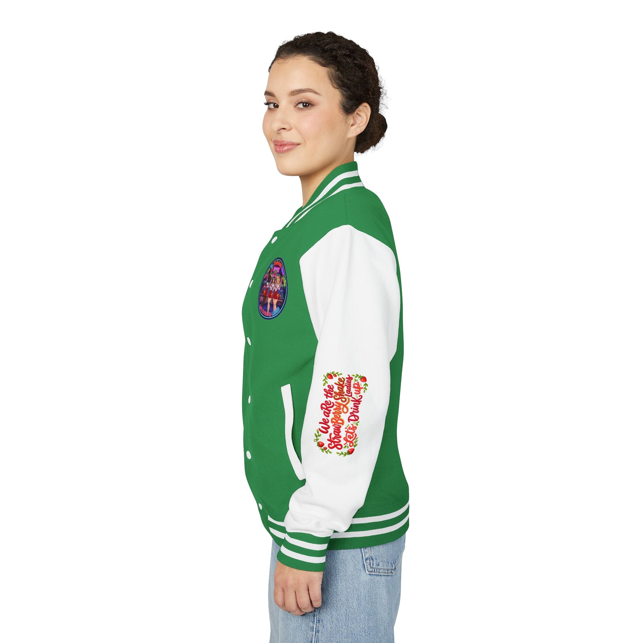 Letterman Jacket —" We Are The Strawberry Shake Ladies " Retro Shakee Cheer Graphic