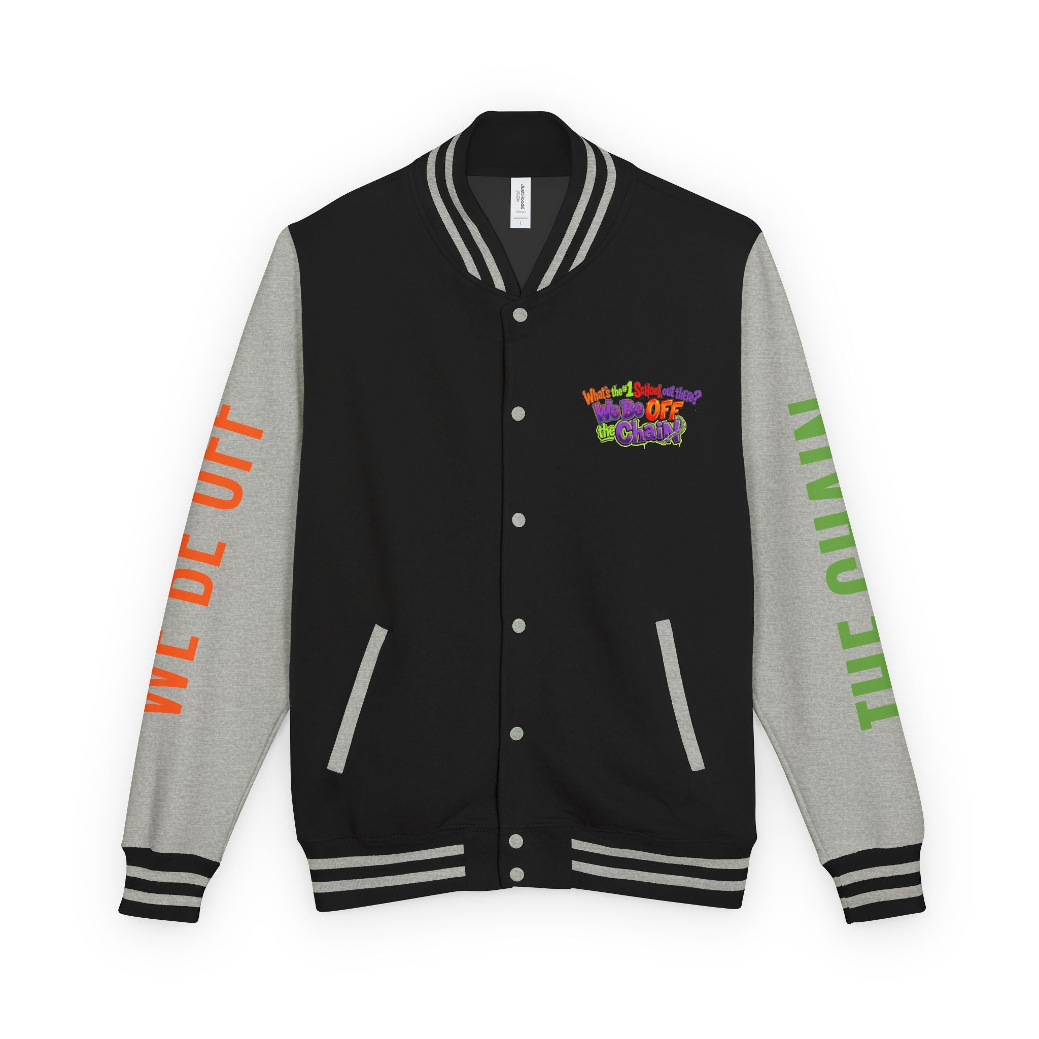 Retro Colorblock Letterman Jacket — 'We Be Off The Chain' Sleeve Print