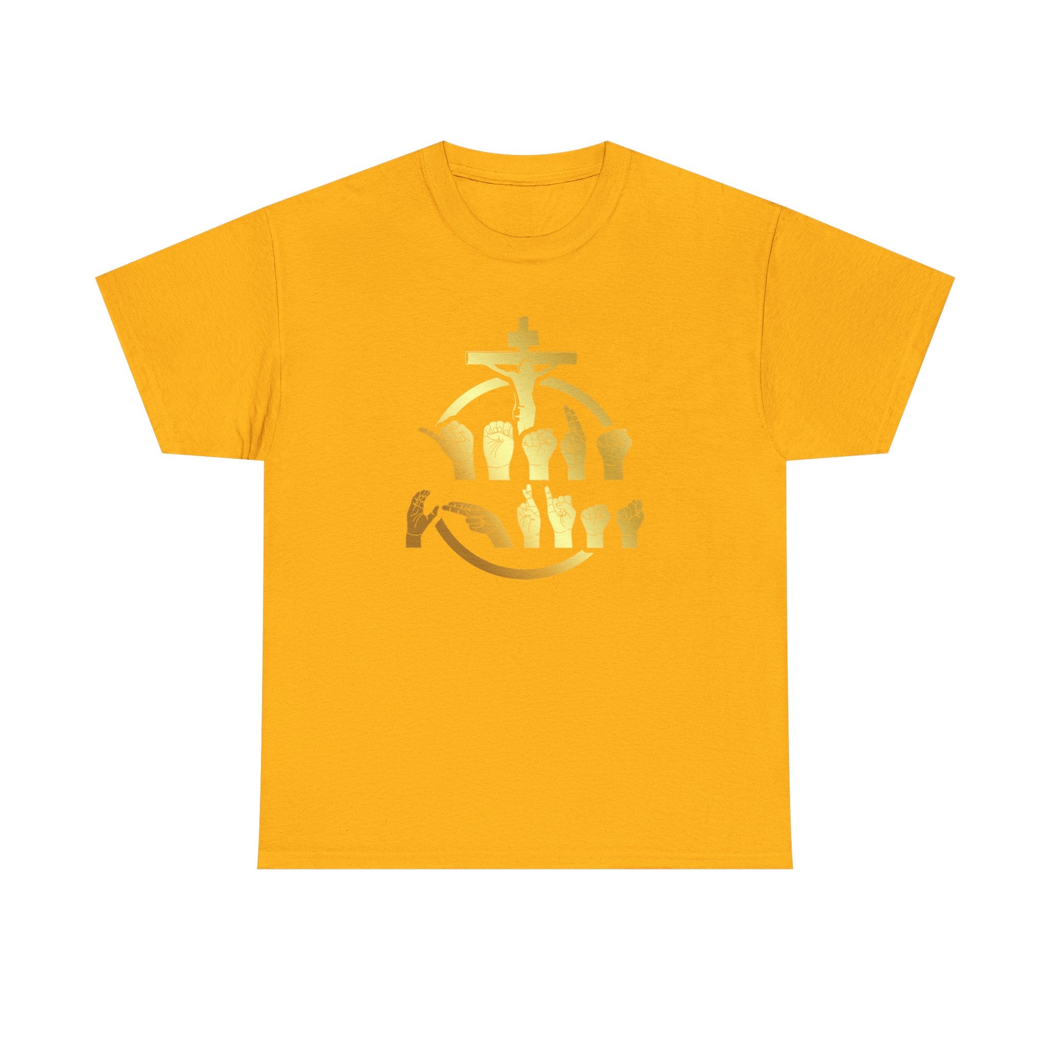 Christian Cross & Praying Hands T-Shirt — Gold Faith Design