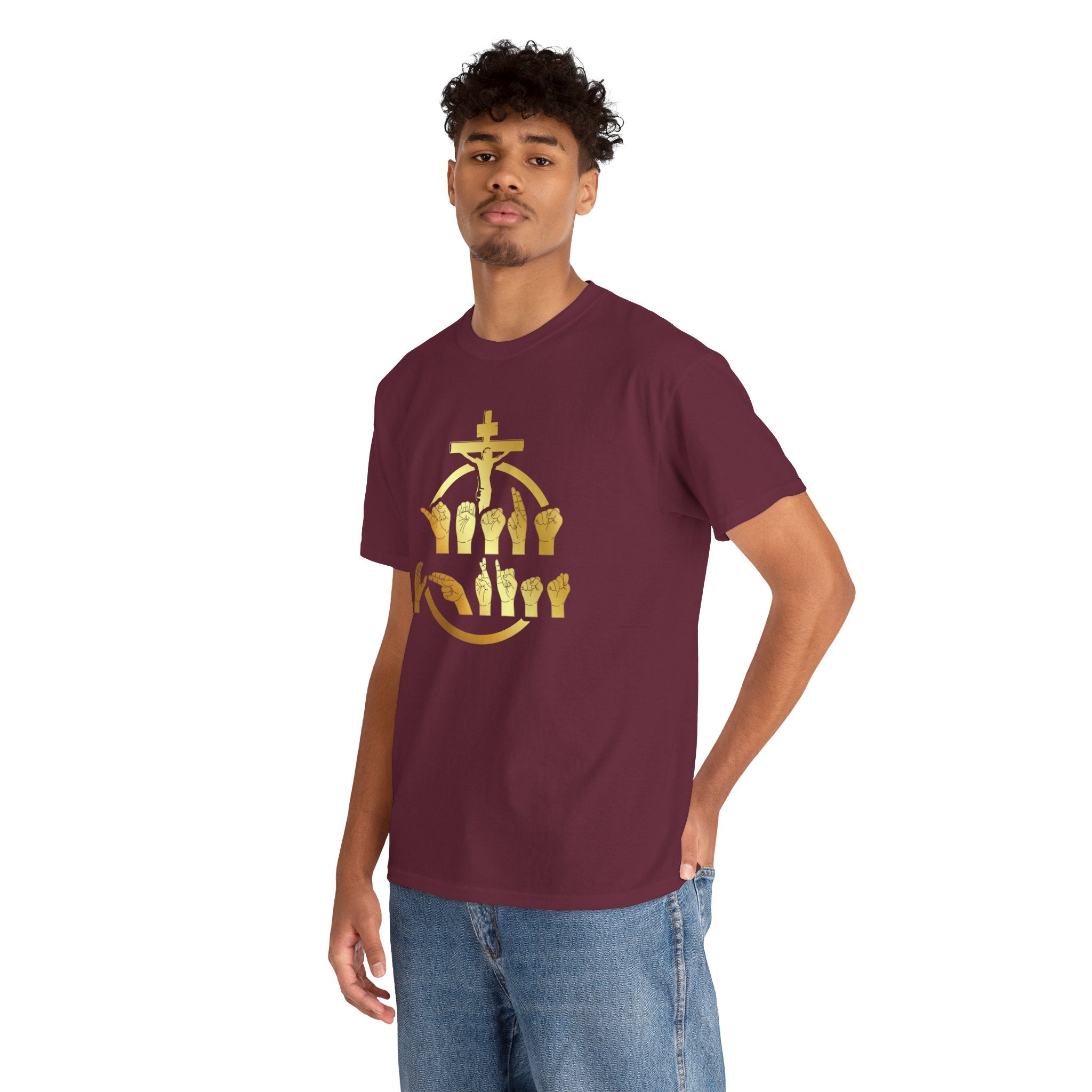 Christian Cross & Praying Hands T-Shirt — Gold Faith Design