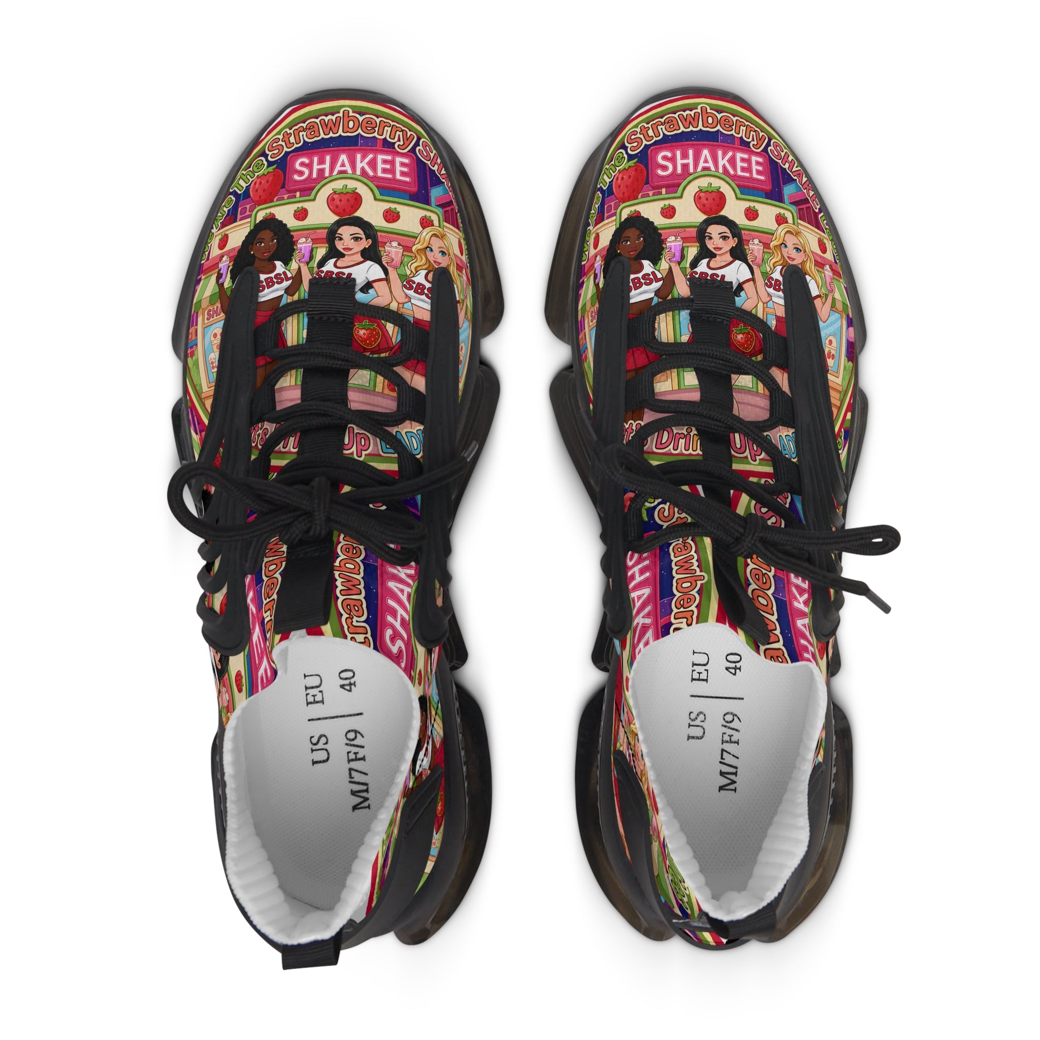Women's Mesh Sneakers  "Strawberry Shake "— Colorful Retro Doll Print Athletic Shoes