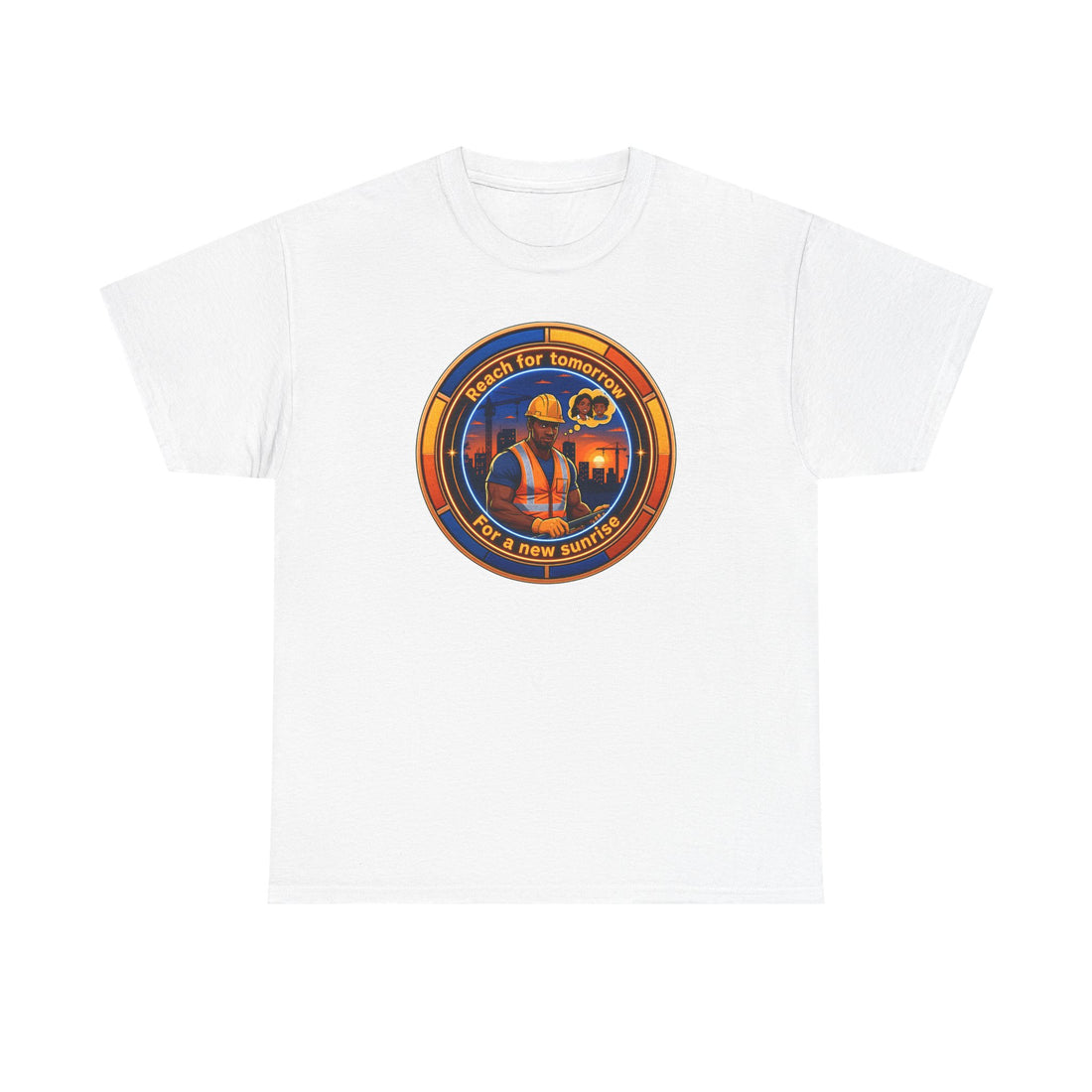 Construction Worker Sunset Tee — “Reach for Tomorrow ” Safety Crew T-Shirt