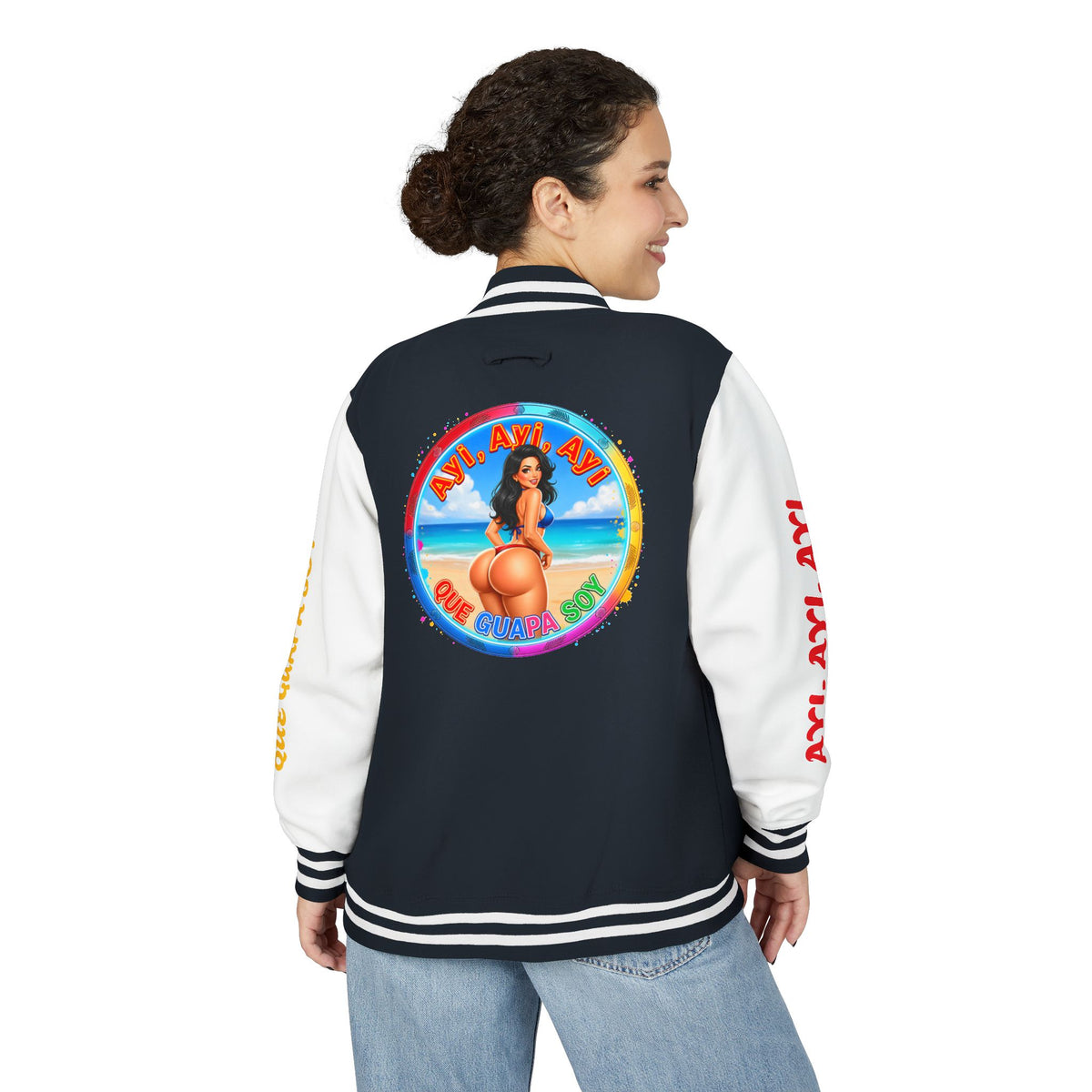 Letterman Jacket – Retro Beach Pinup Varsity Jacket with 'Ayi Ayi Ayi' Graphic