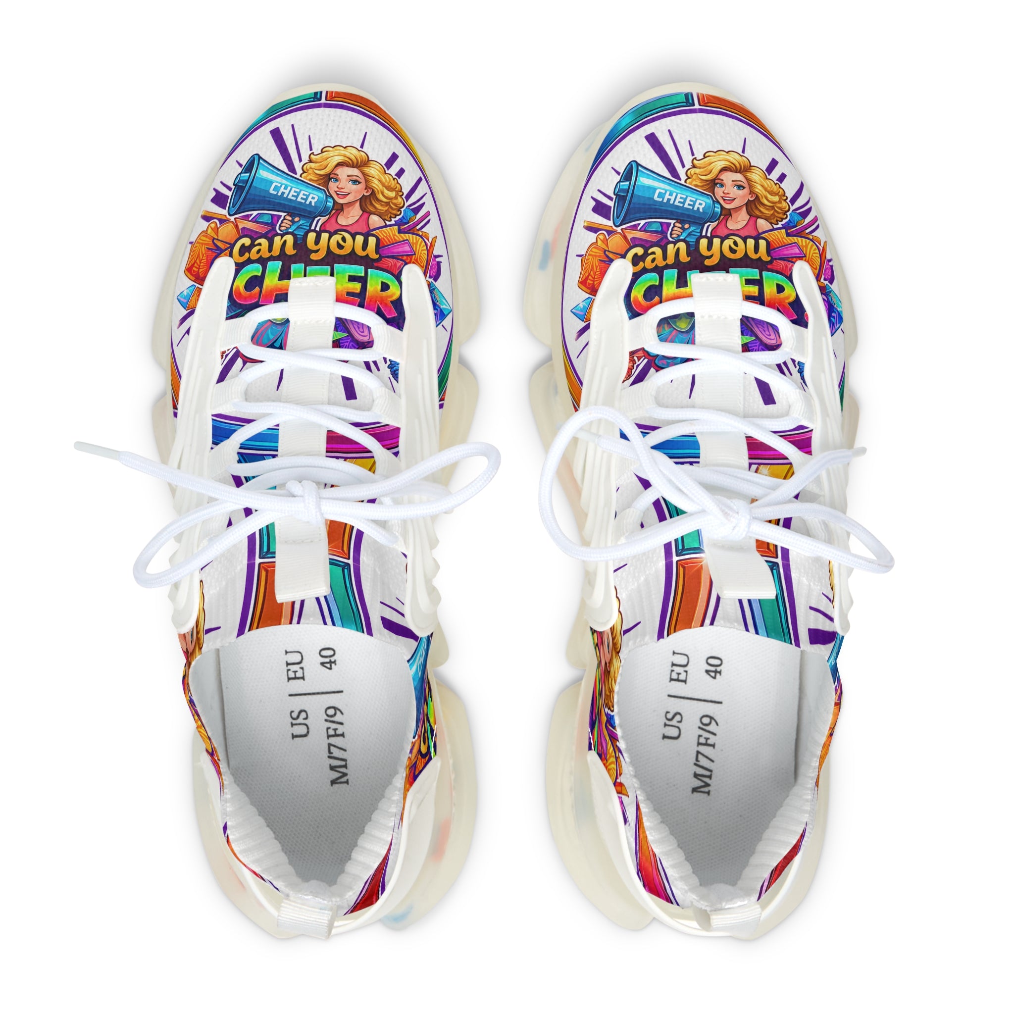 Colorful Cheerleader Mesh Sneakers — "Can You Cheer?" Graphic Women's Athletic Shoes