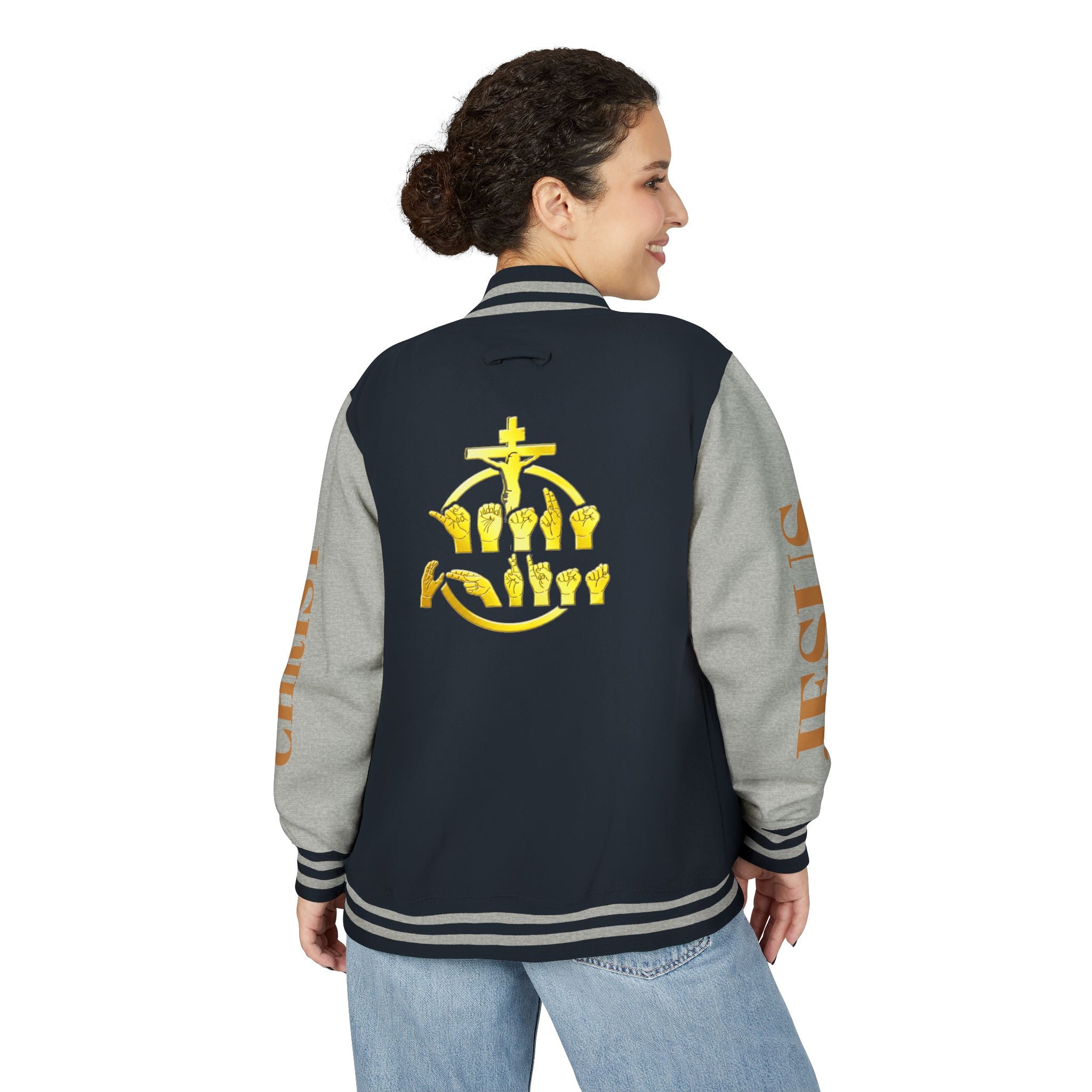 "Sign language Jesus Christ "     Christian Crown Letterman Jacket - 'Jesus Christ' Sleeve Varsity Jacket