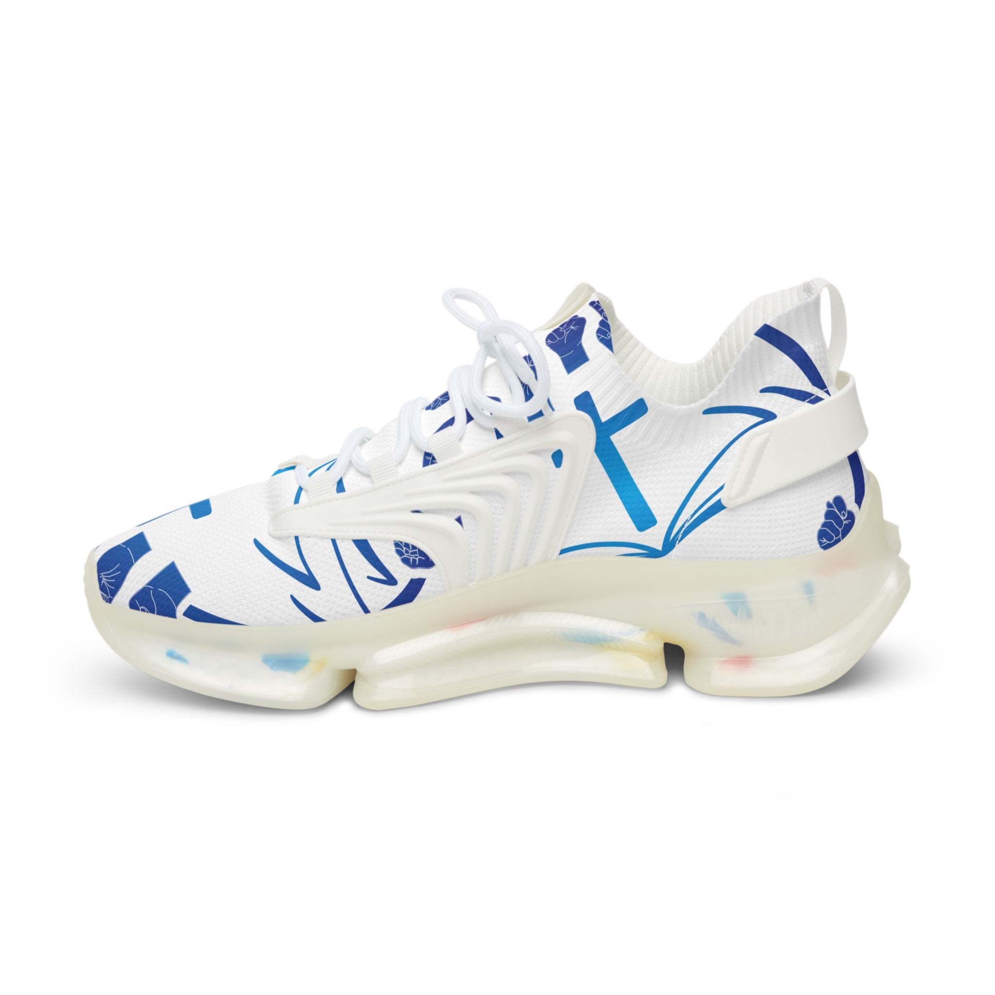 Men's White Athletic Sneakers with Blue Cross Graphic —"Sign Language Jesus Christ "Lightweight Mesh Running Shoes