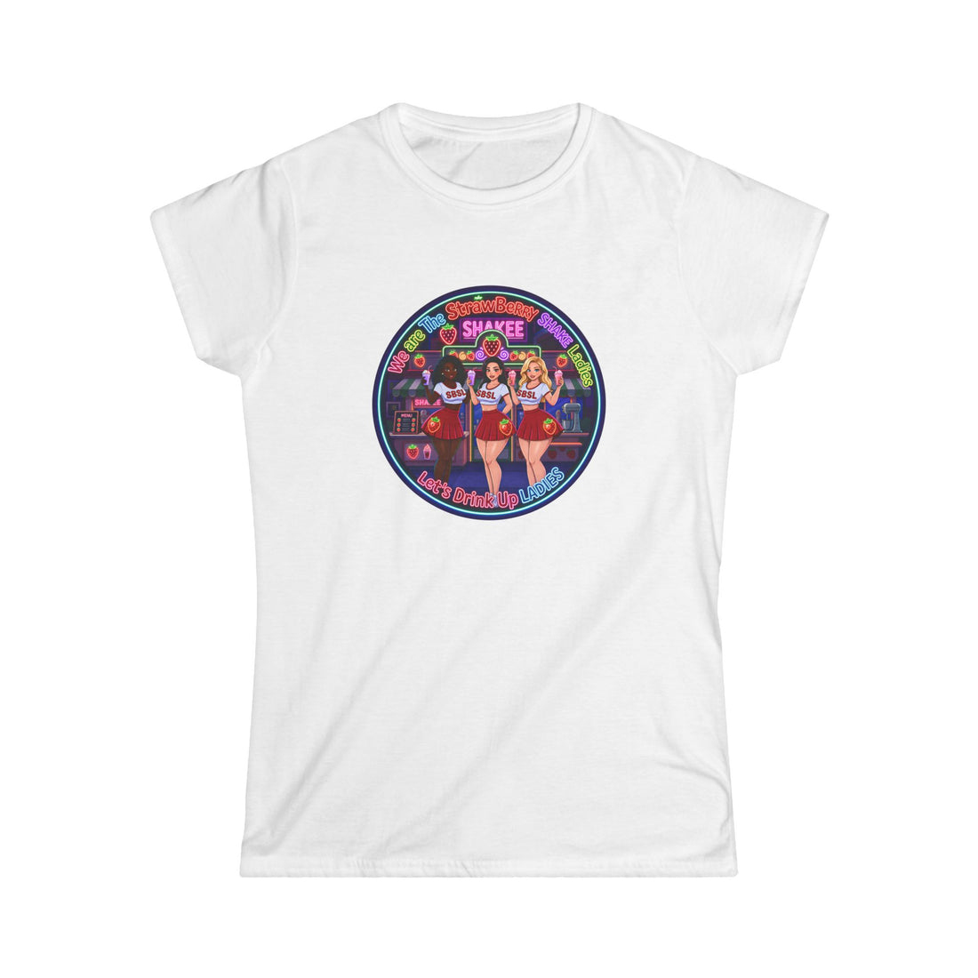 Women's Tee — Retro Pinup 'We Are The Strawberry Shake Ladies"' Band Graphic Tee