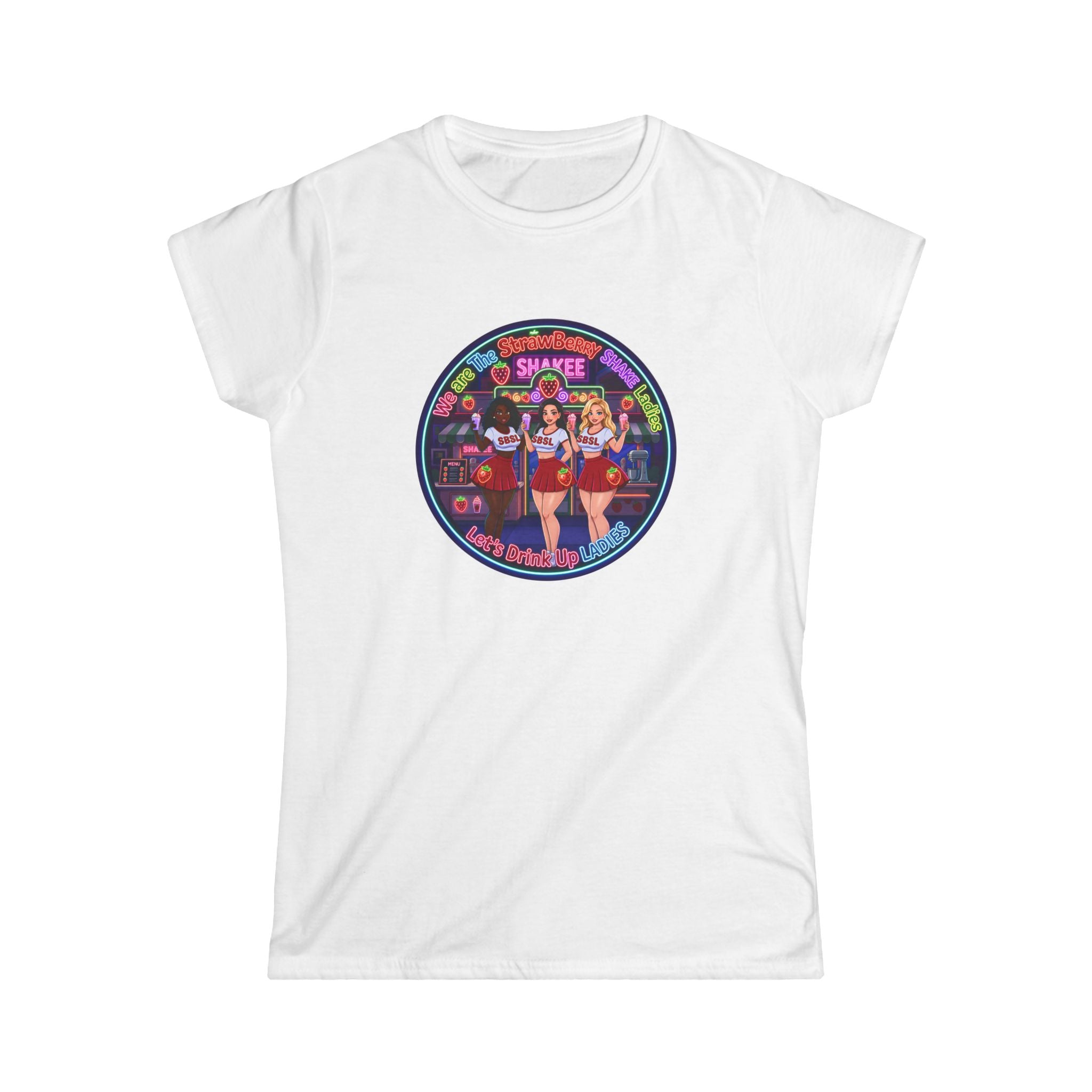 Women's Tee — Retro Pinup 'We Are The Strawberry Shake Ladies"' Band Graphic Tee