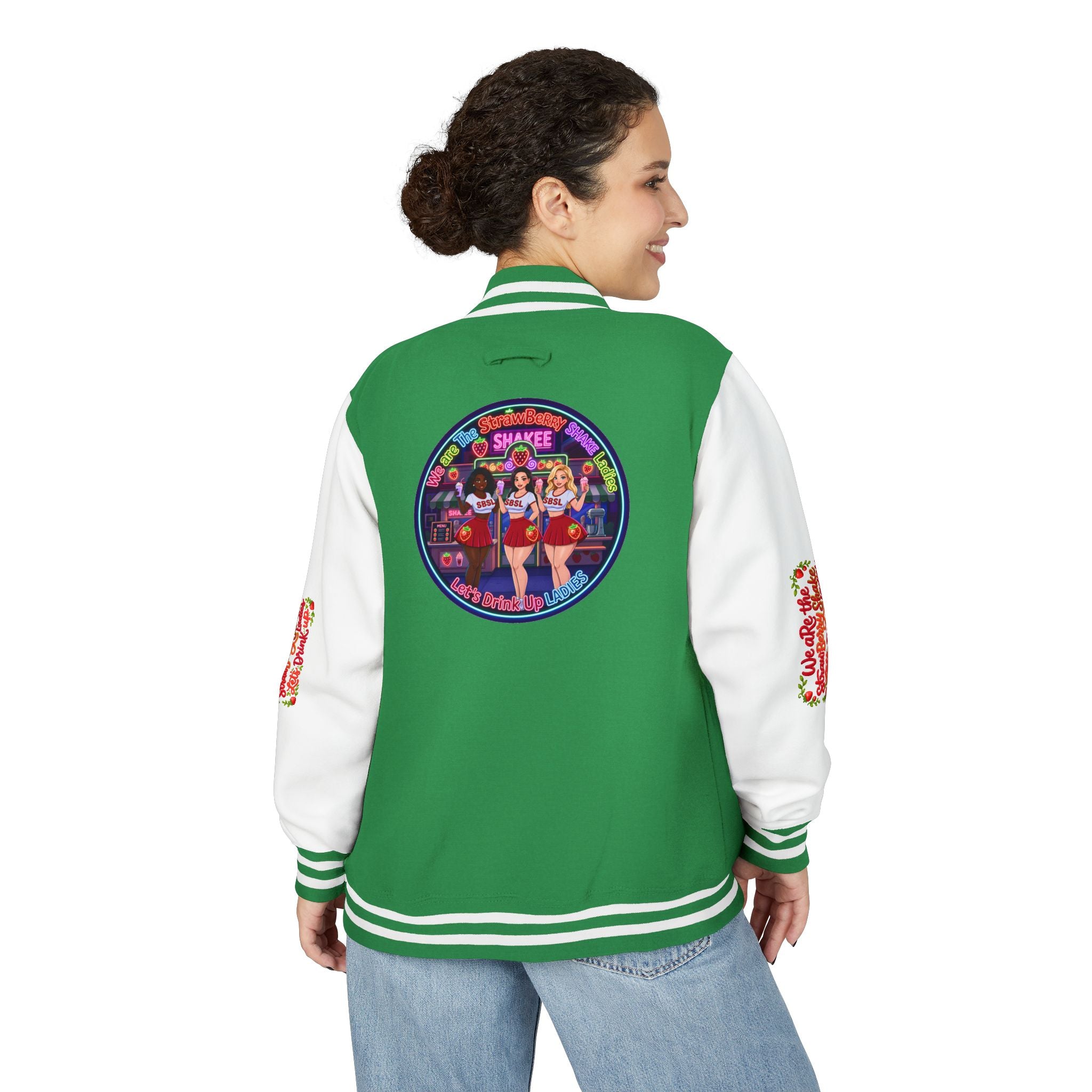 Letterman Jacket —" We Are The Strawberry Shake Ladies " Retro Shakee Cheer Graphic