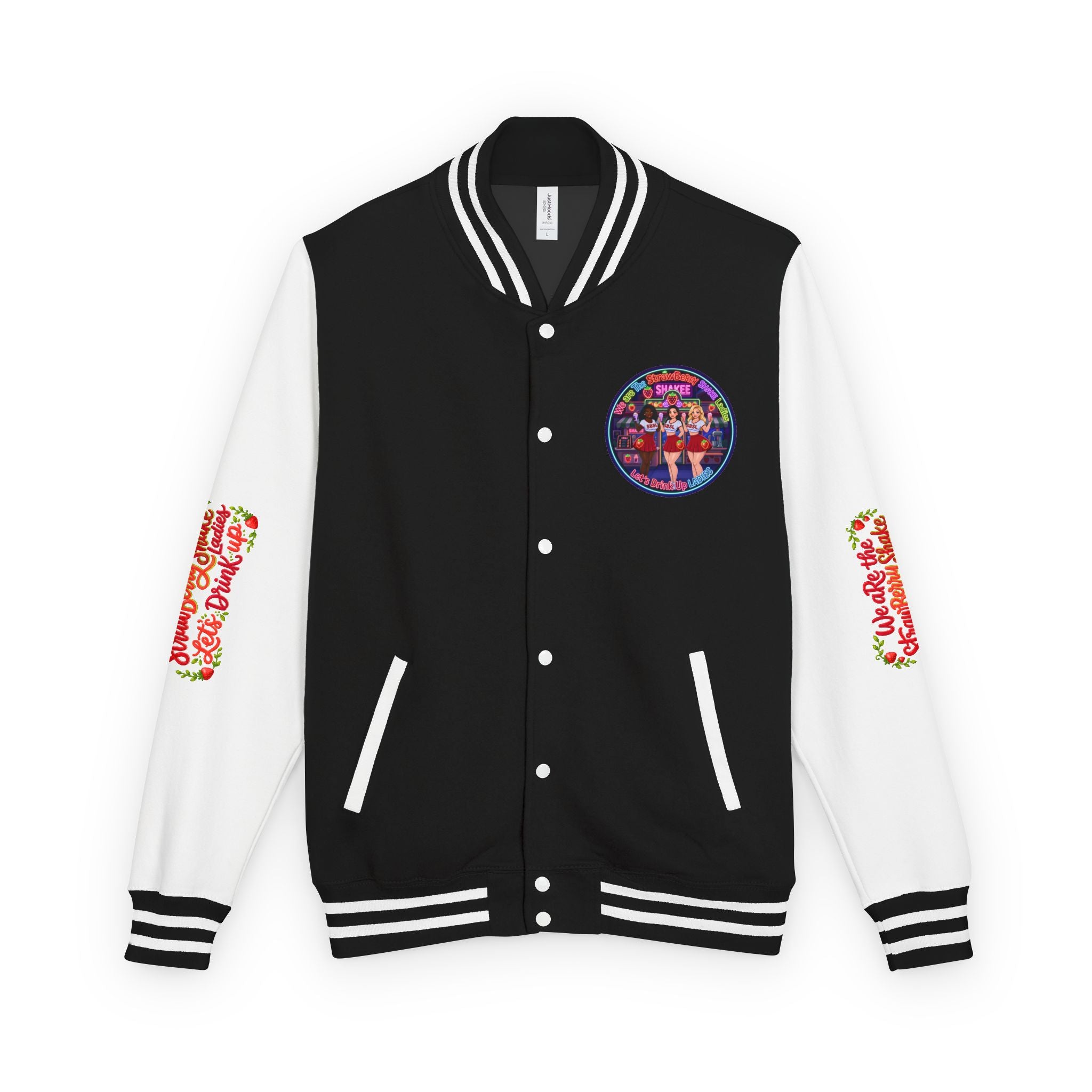 Letterman Jacket —" We Are The Strawberry Shake Ladies " Retro Shakee Cheer Graphic