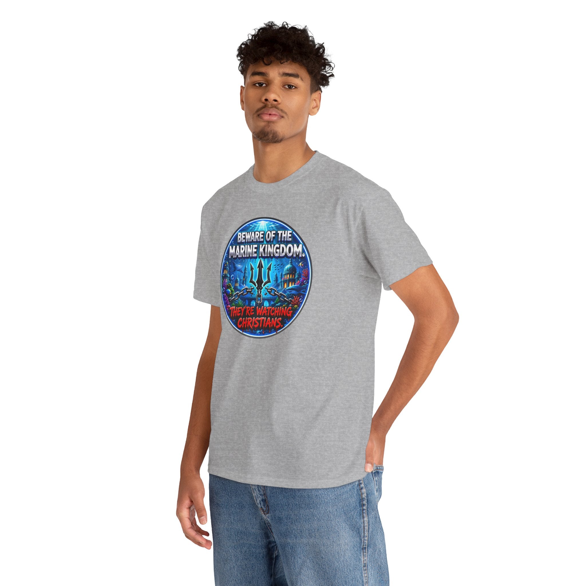 T‑Shirt — "Beware of the Marine Kingdom: They're Watching Christians" Vintage Ocean Graphic