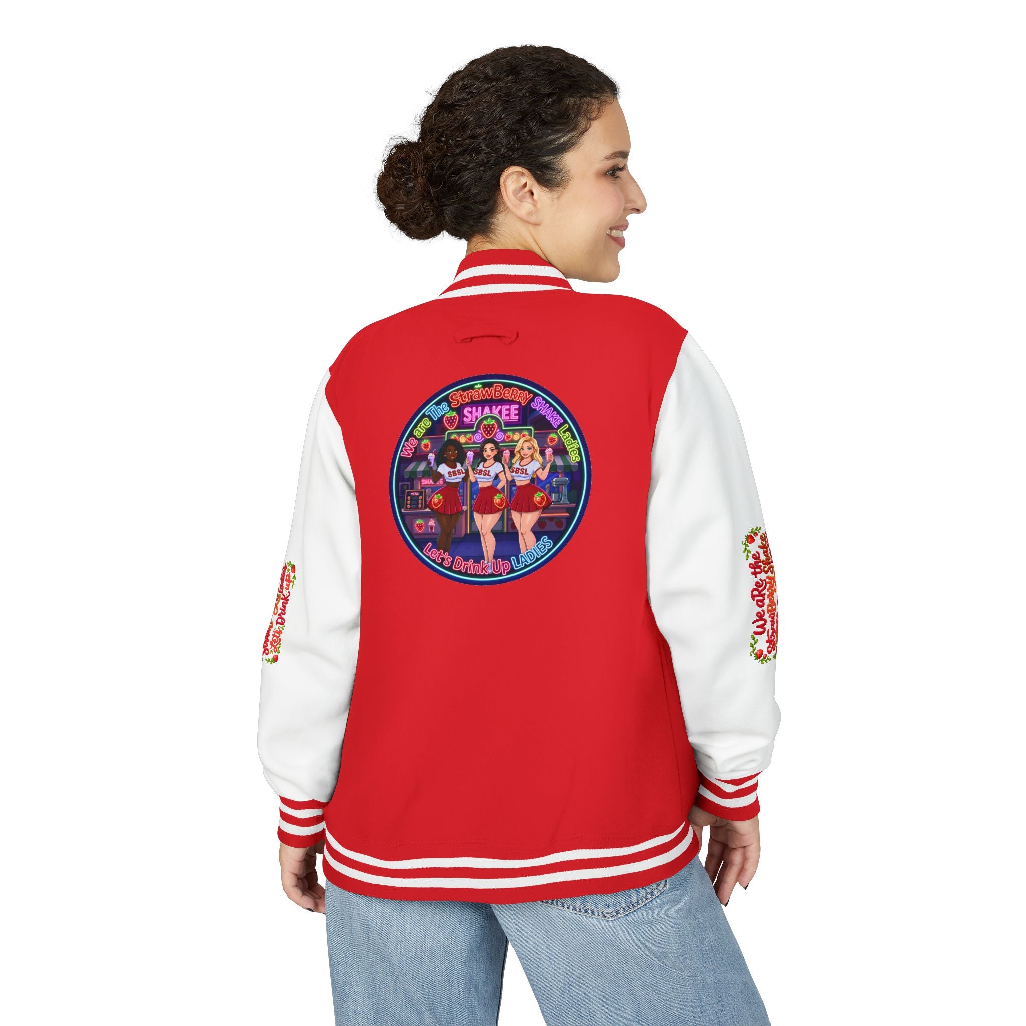 Letterman Jacket —" We Are The Strawberry Shake Ladies " Retro Shakee Cheer Graphic