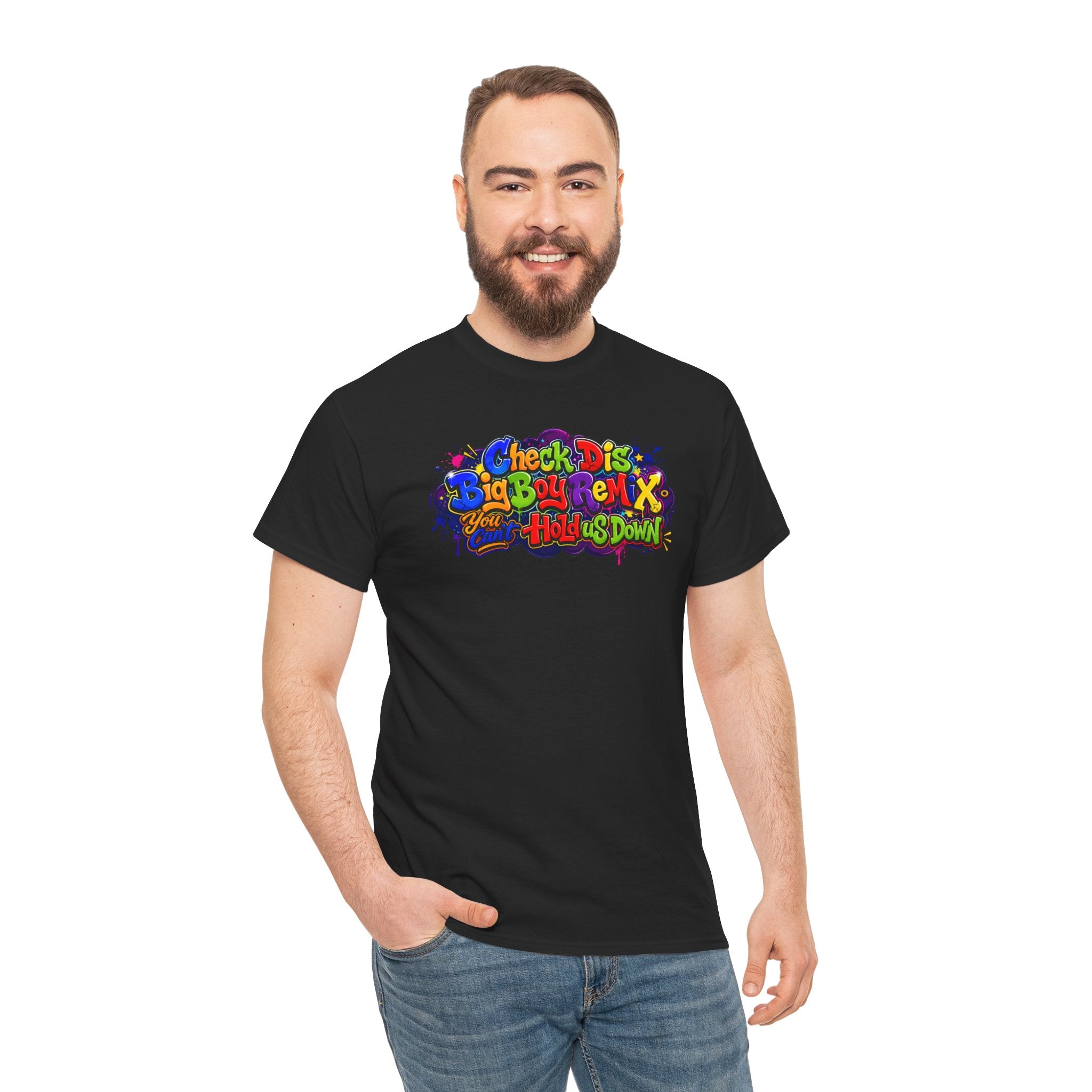Graphic Tee — Colorful 'Check Dis Big Boy Remix' Retro Street Art T-Shirt