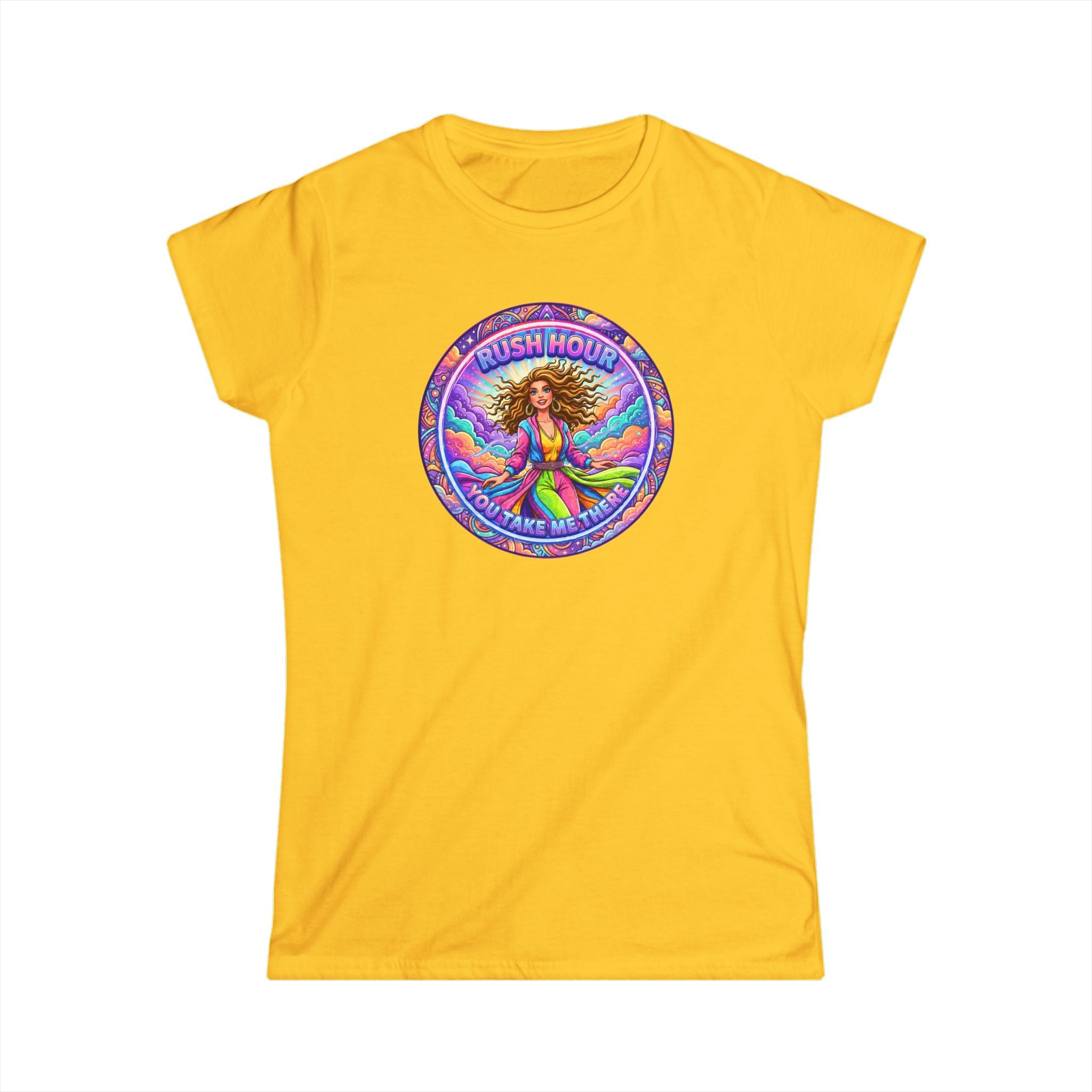 Women's Tee — “Rush Hour” Colorful Retro Hippie Graphic