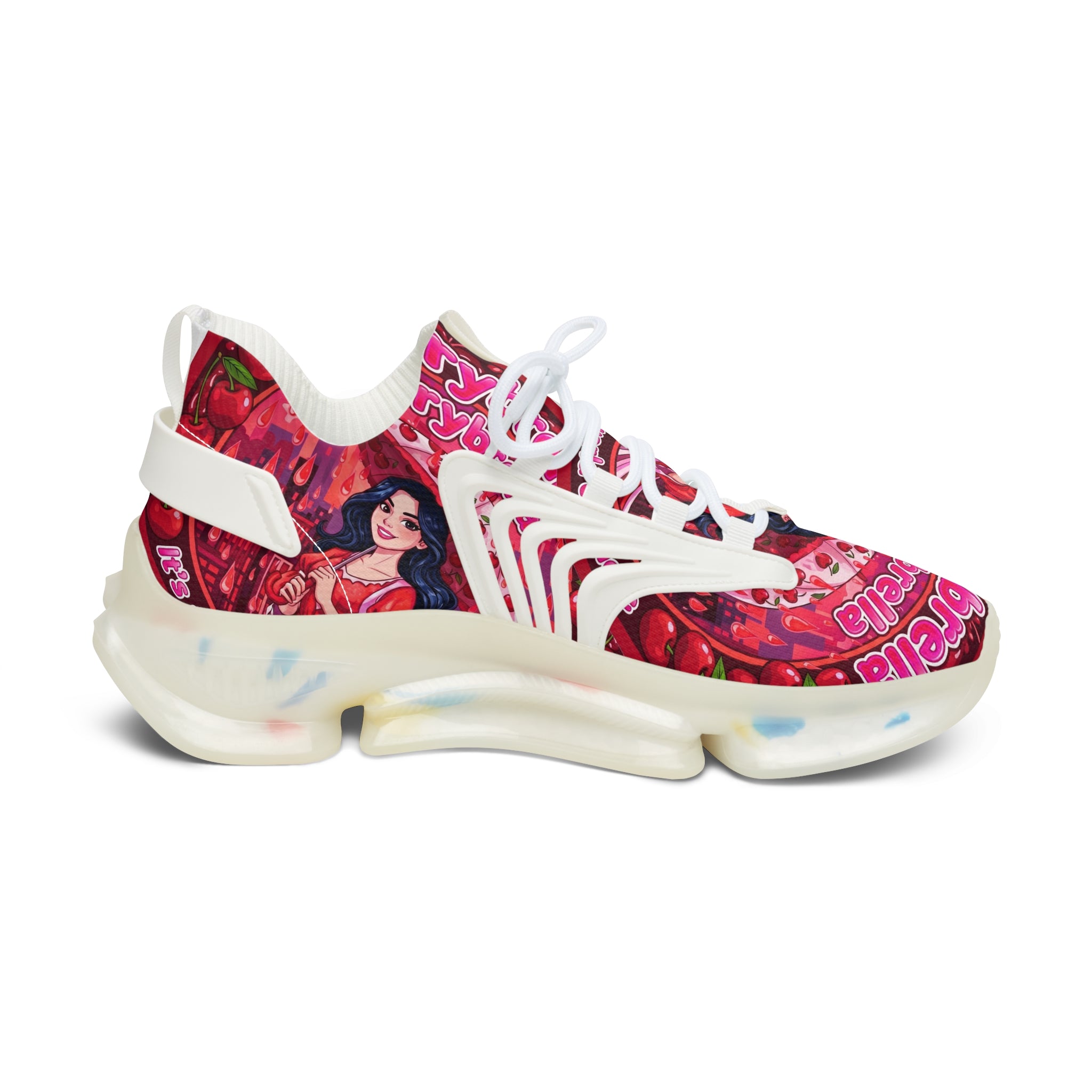 Women's Pink Retro Graphic Mesh Sneakers — 'CherryBella" Pattern