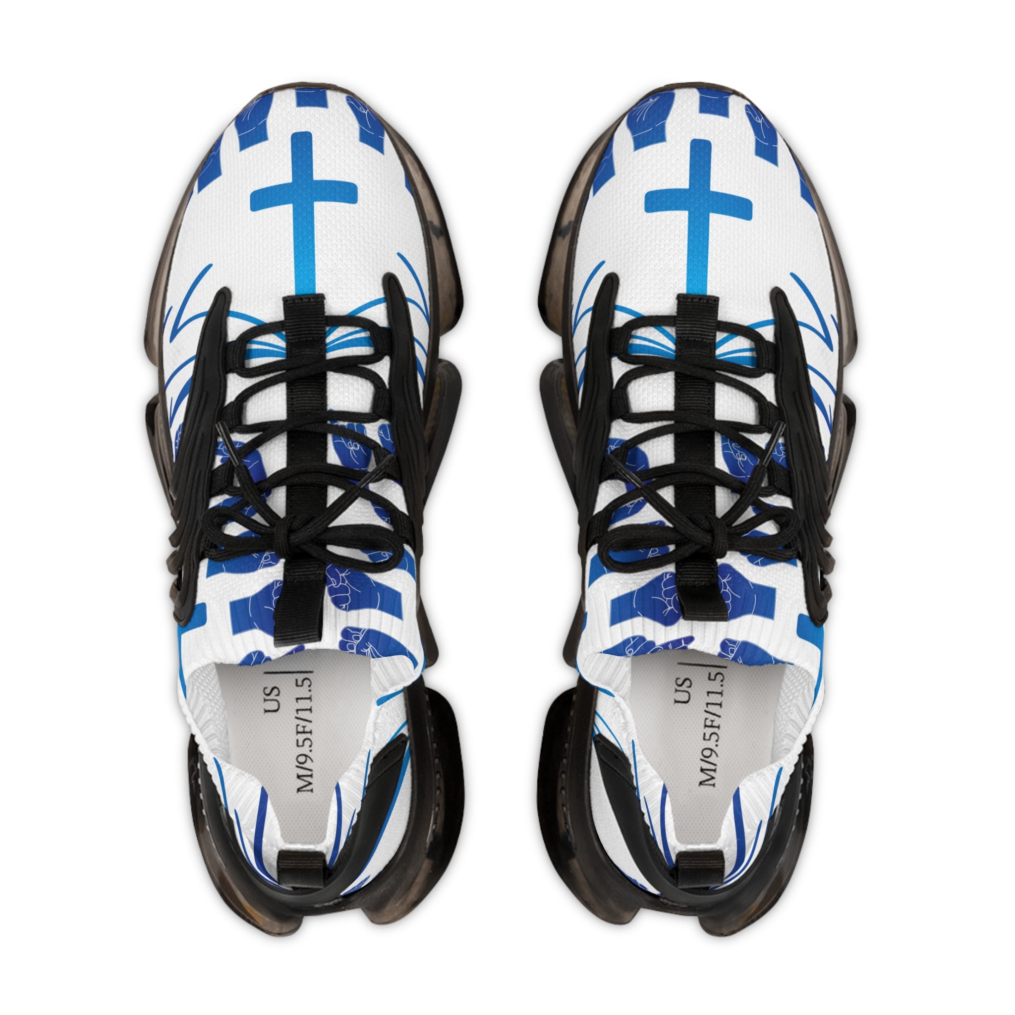 Men's White Athletic Sneakers with Blue Cross Graphic —"Sign Language Jesus Christ "Lightweight Mesh Running Shoes