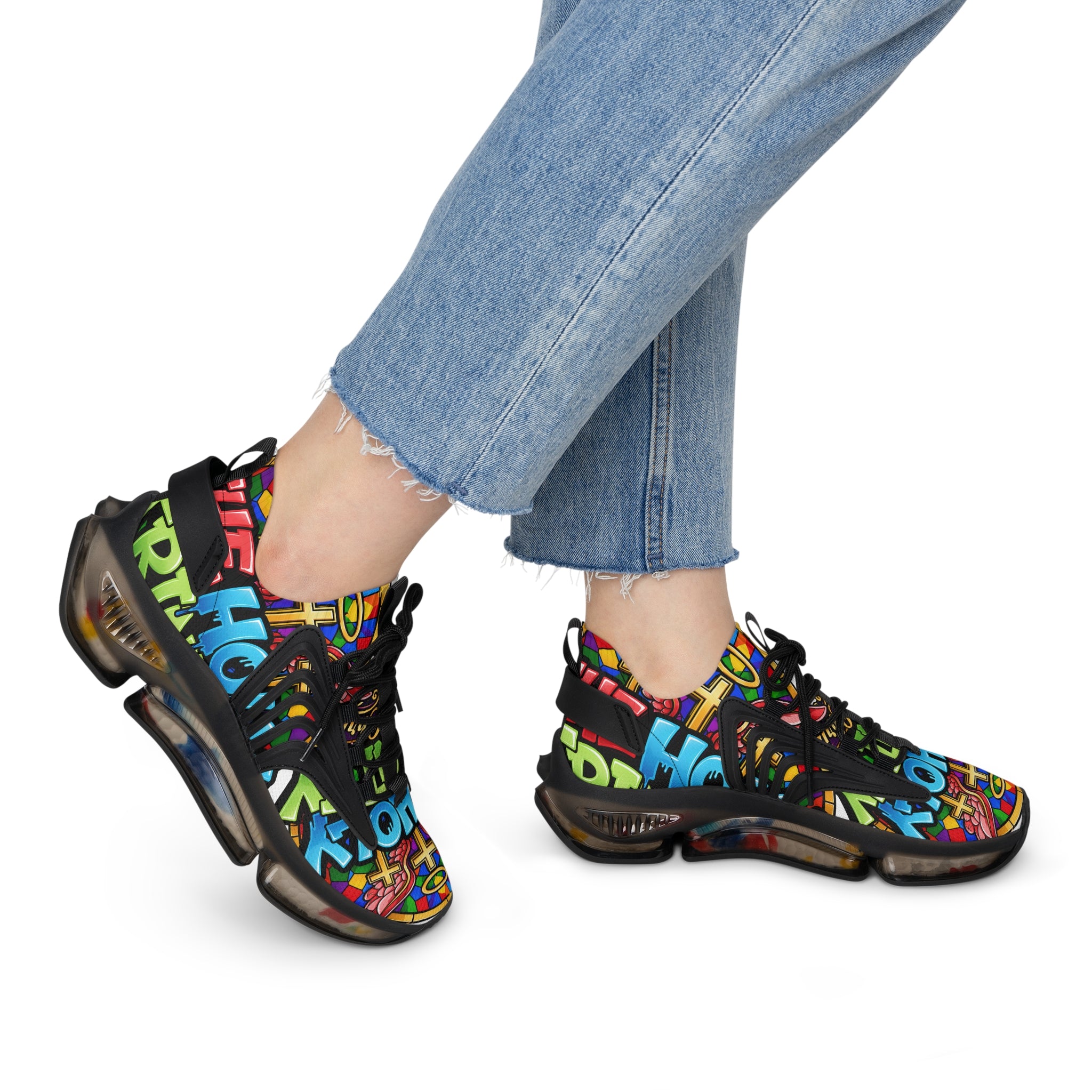 Men's Mesh Sneakers — " Holy Trinity "Colorful Graffiti Cross Design Athletic Shoes