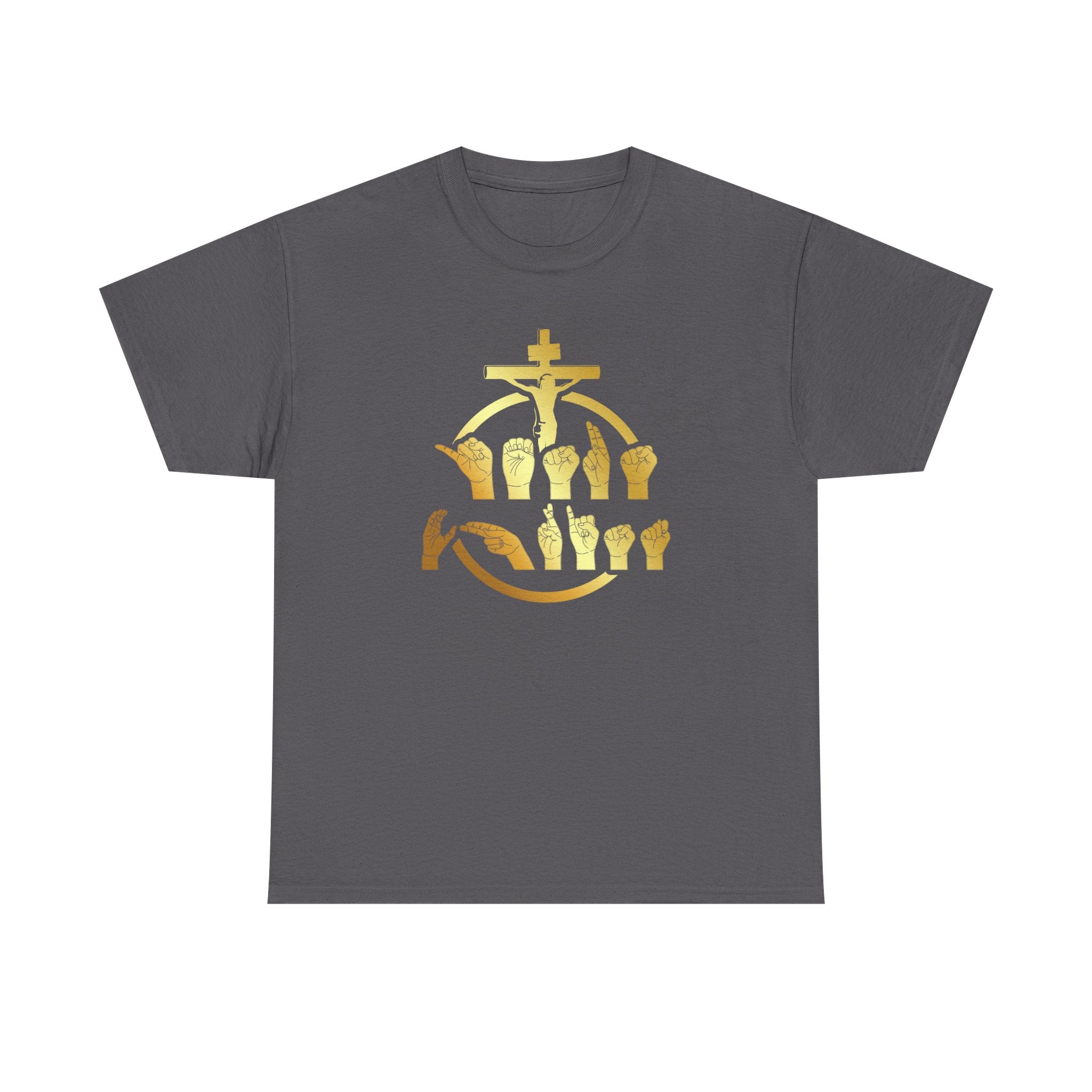Christian Cross & Praying Hands T-Shirt — Gold Faith Design