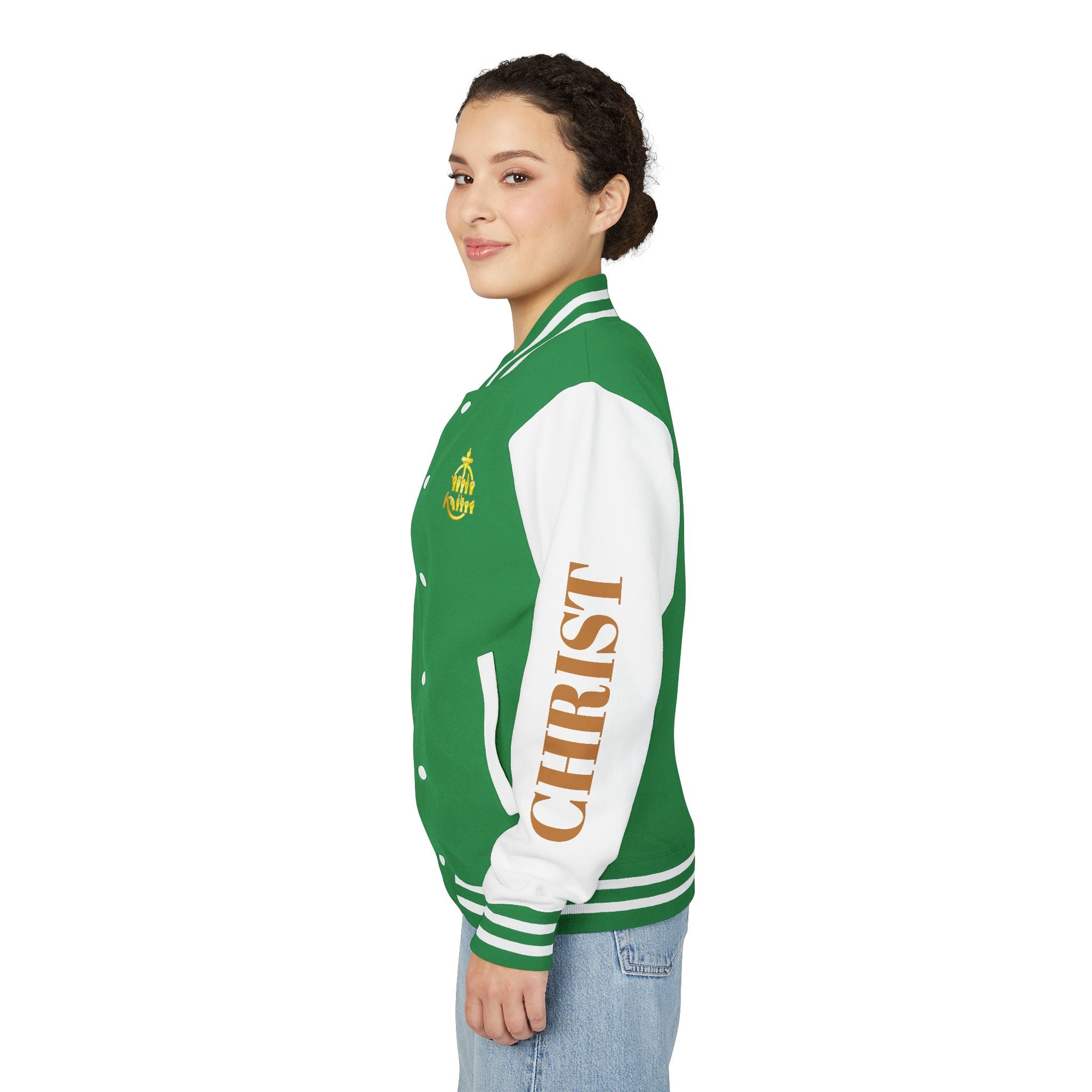 "Sign language Jesus Christ "     Christian Crown Letterman Jacket - 'Jesus Christ' Sleeve Varsity Jacket