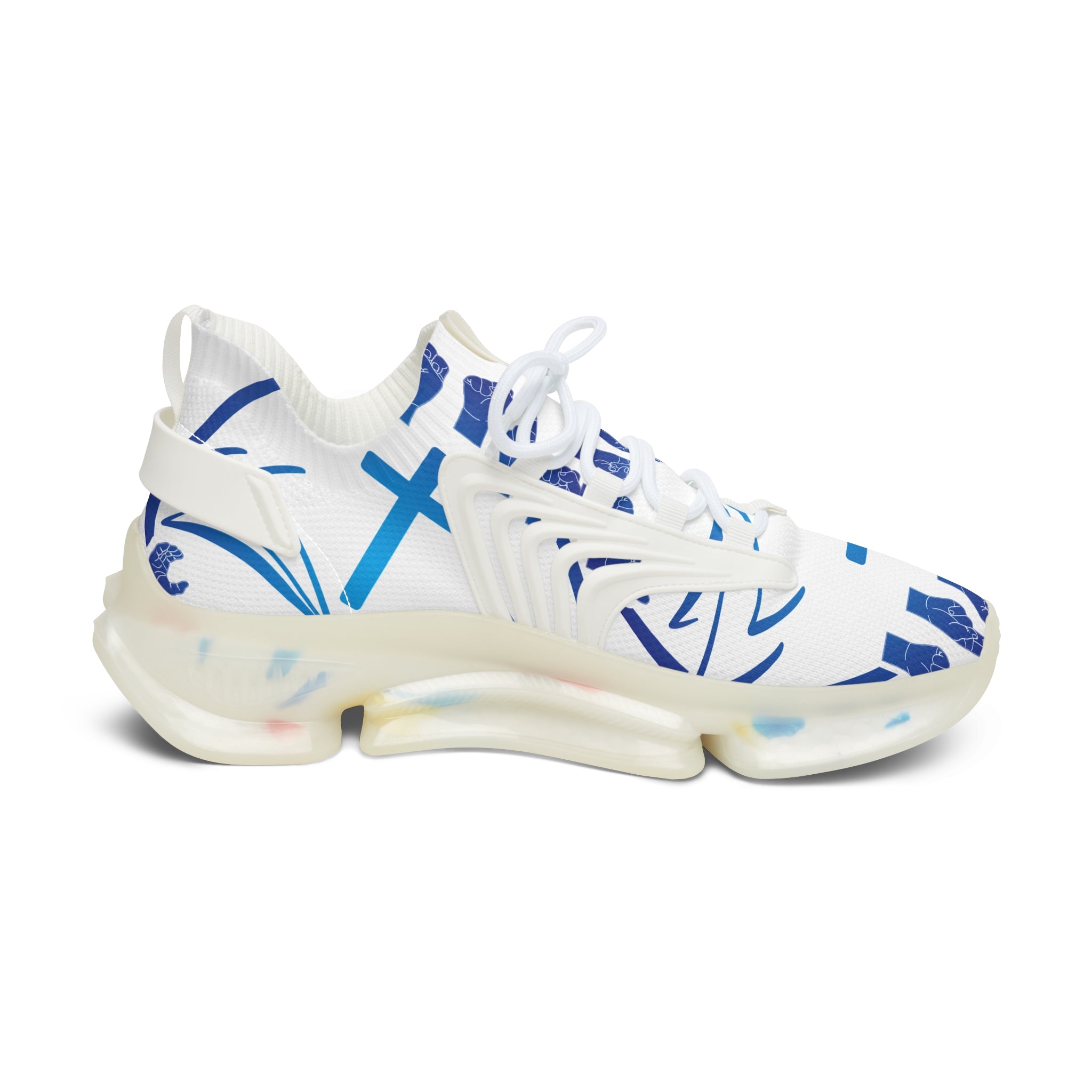 Women's White Mesh Sneakers — "Sign Language Jesus Christ "Lightweight Breathable Athletic Shoes with Color-Speckled Sole