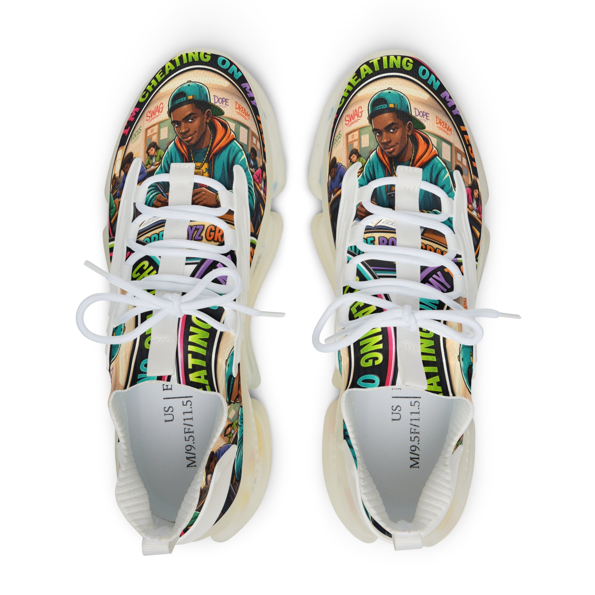Men's Mesh Sneakers — Colorful Urban Art Graphic Trainers with 'Im Cheating On My Test' Design