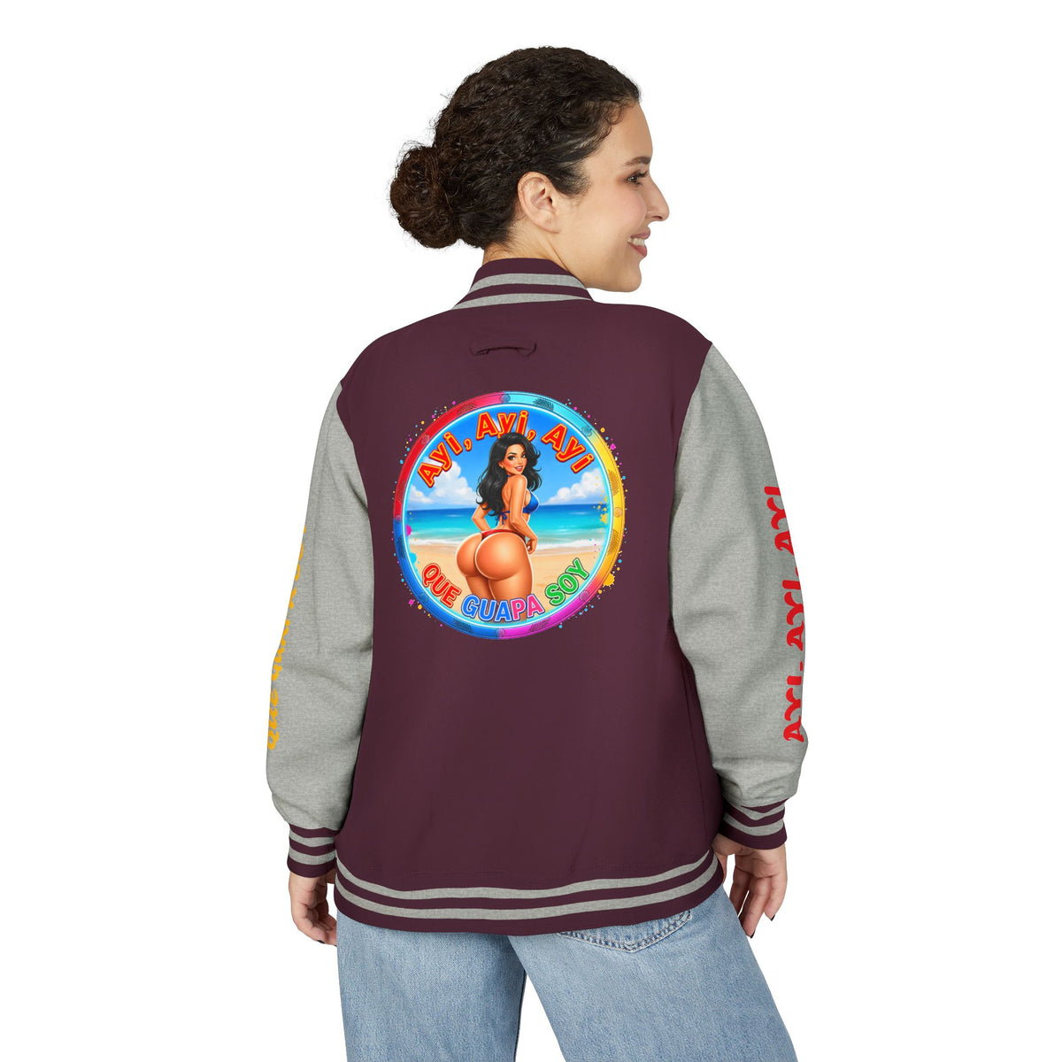Letterman Jacket – Retro Beach Pinup Varsity Jacket with 'Ayi Ayi Ayi' Graphic