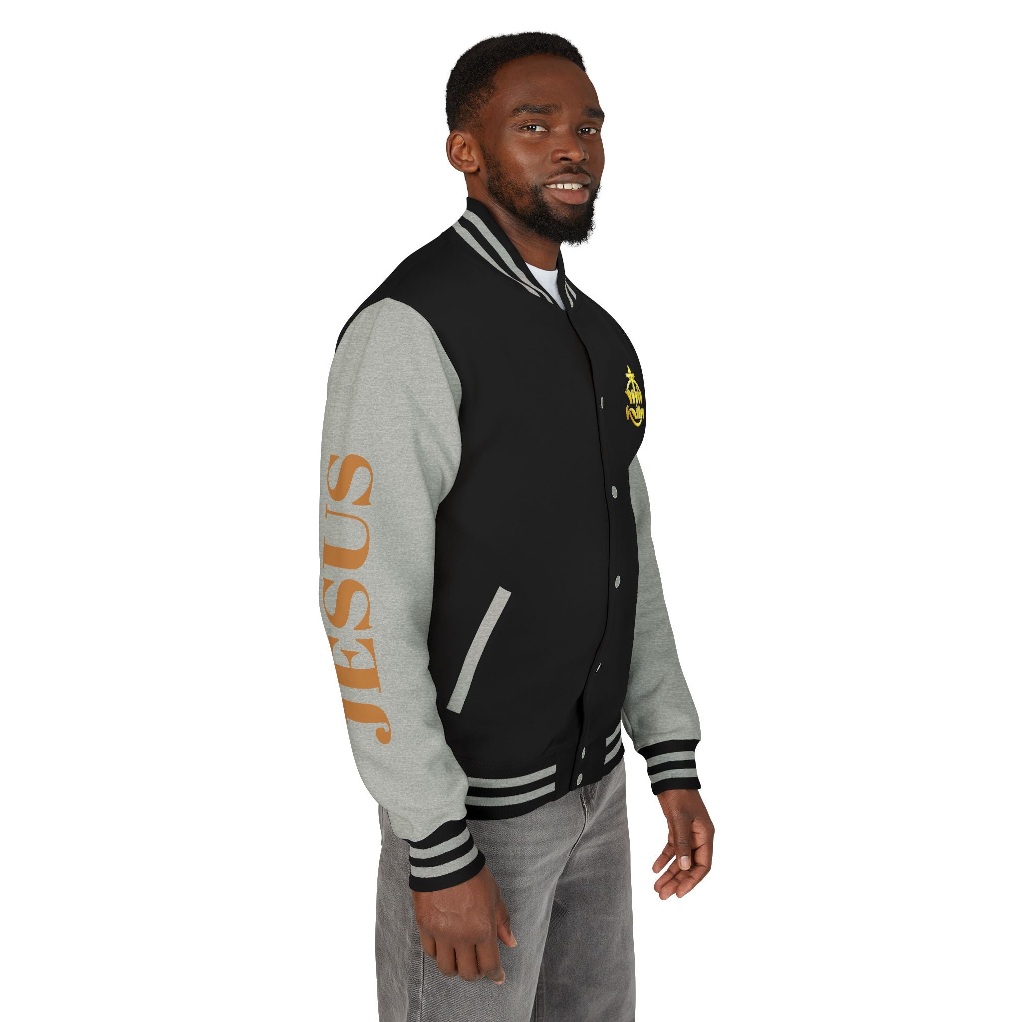"Sign language Jesus Christ "     Christian Crown Letterman Jacket - 'Jesus Christ' Sleeve Varsity Jacket